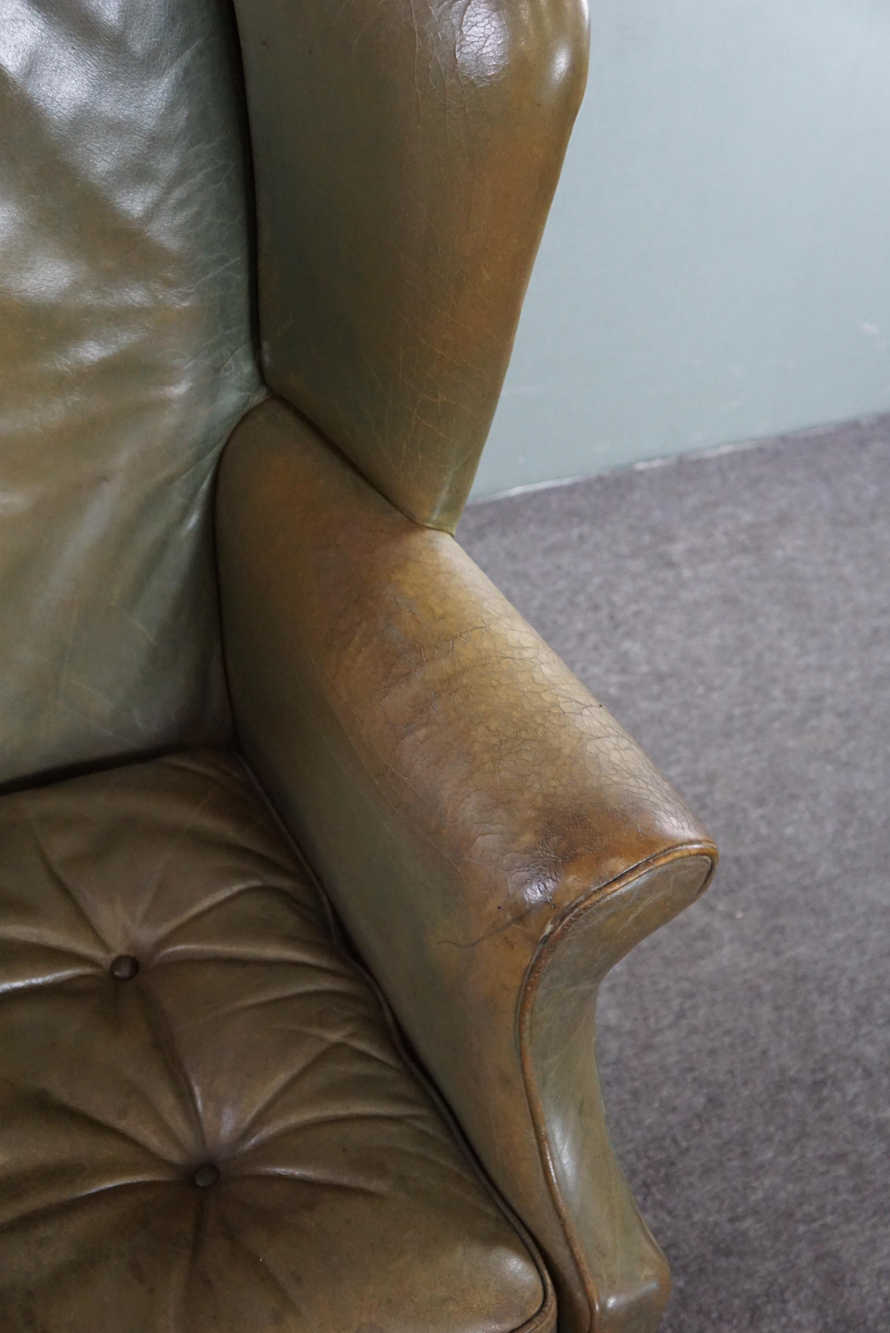 Unique green cowhide leather wing chair For Sale 2