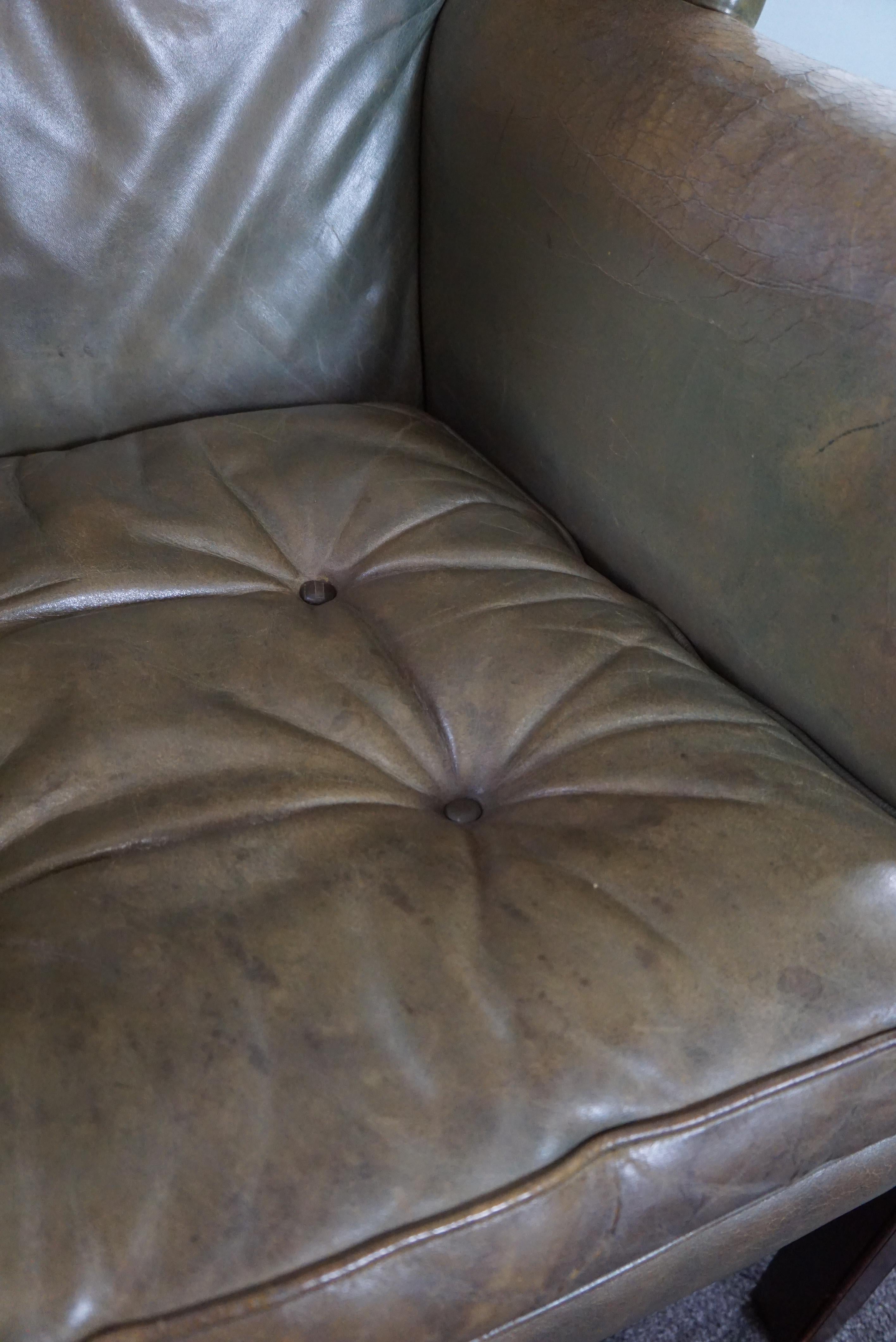 Unique green cowhide leather wing chair For Sale 3