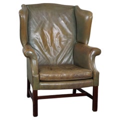 Unique green cowhide leather wing chair