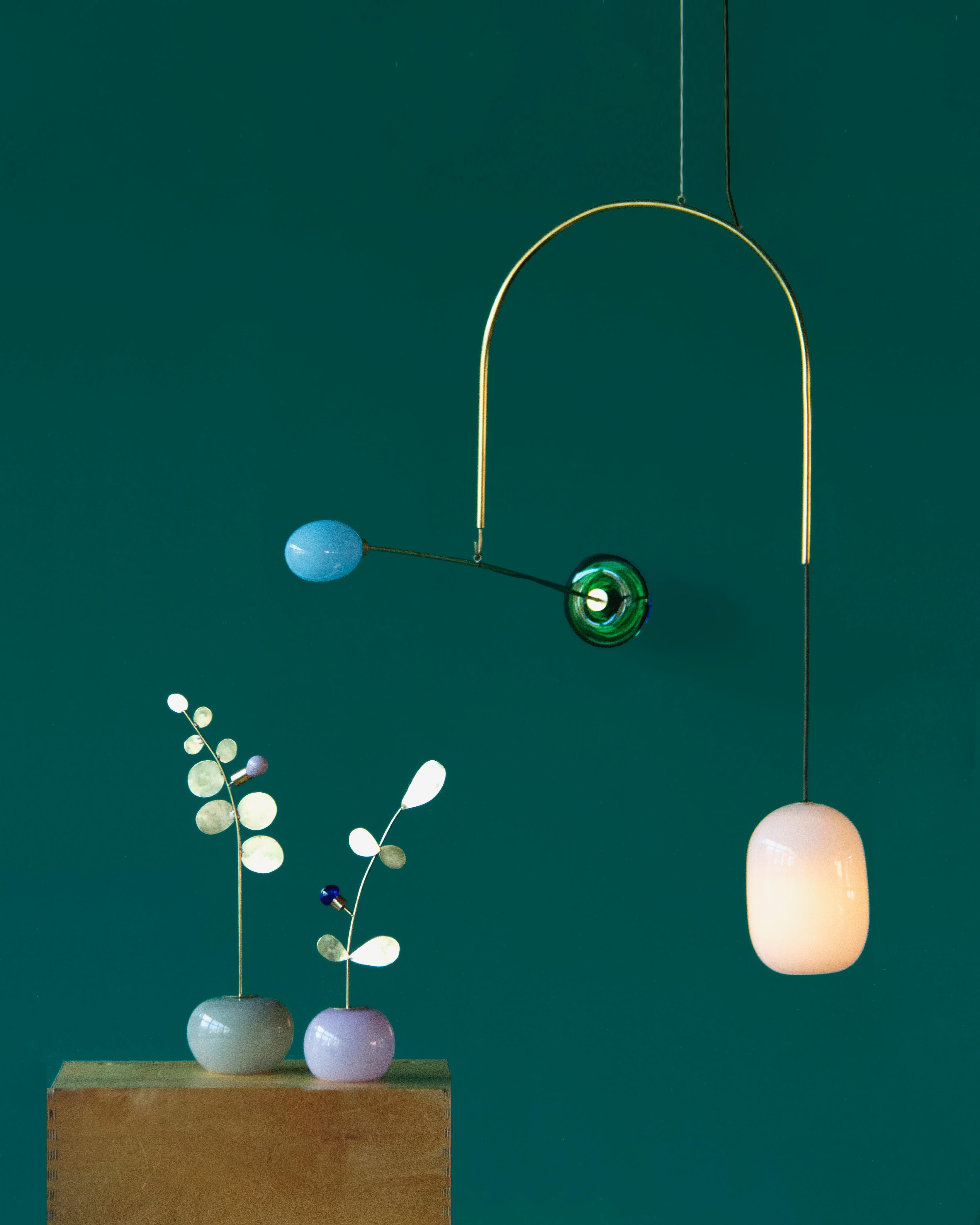Post-Modern Unique Green-White Handblown Glass Pendant, Sculptural Light No. 81 For Sale