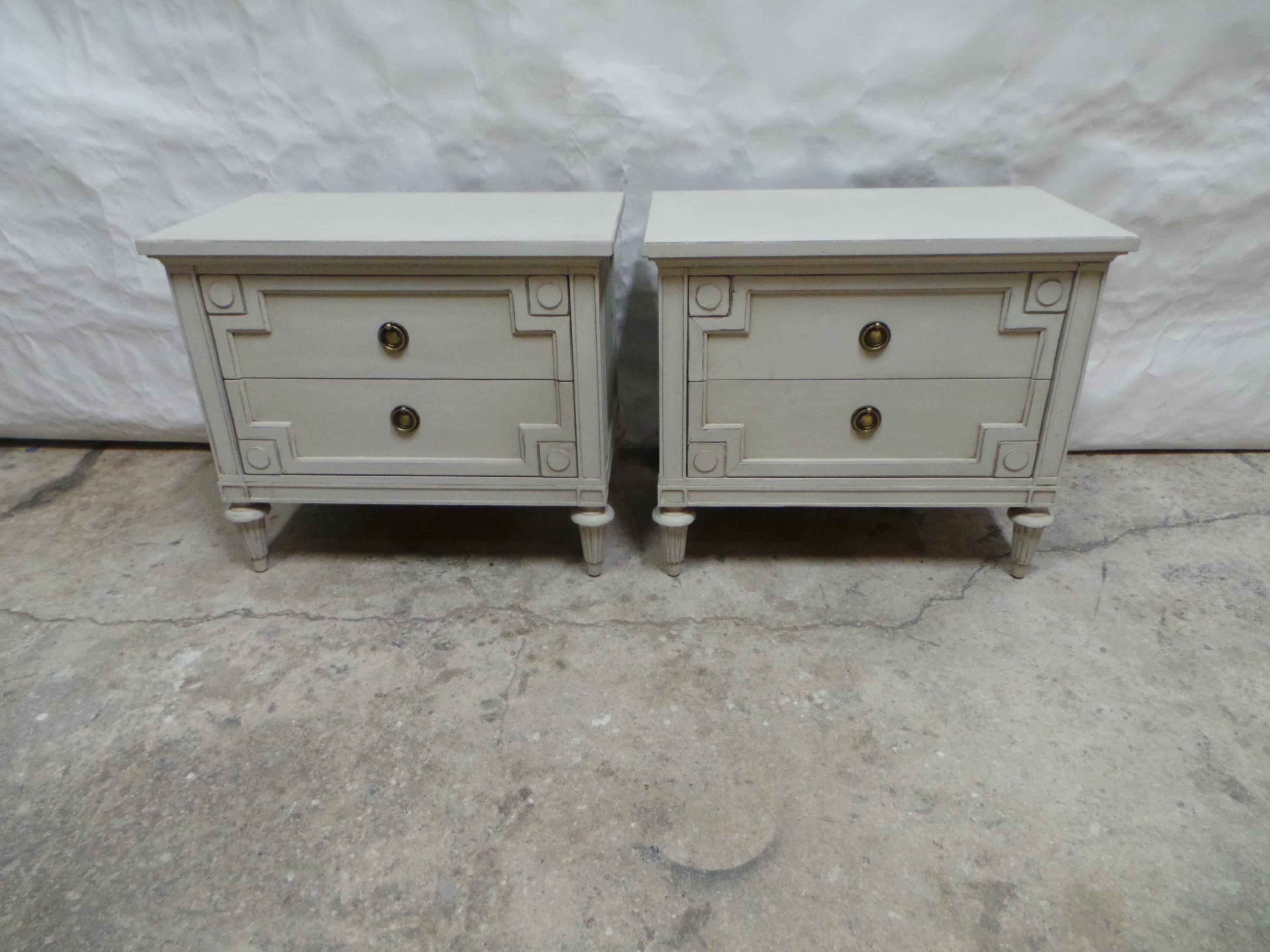 This is a Unique set of Gustavian  Style 2 Drawer Nightstands. its been restored and repainted with Milk Paints 