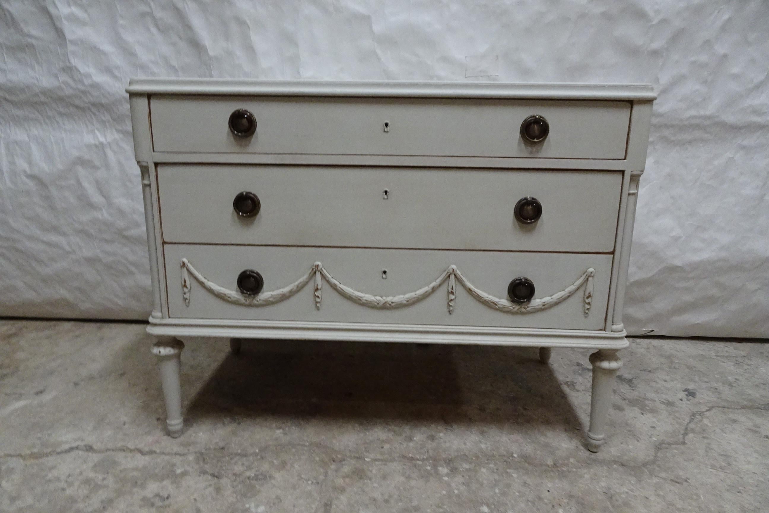 this is a Unique Gustavian Style 3 Drawer Chest Of Drawers. its been restored and repainted with Milk paints 