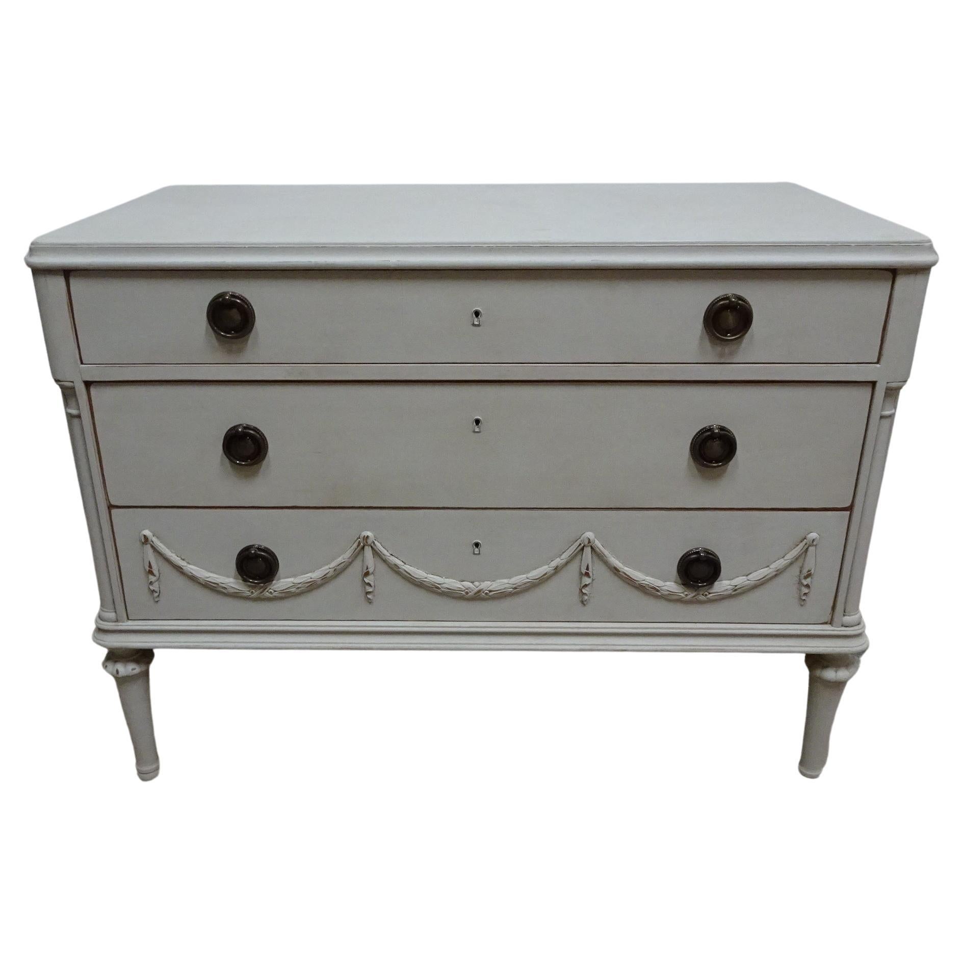 Unique Gustavian Style 3 Drawer Chest Of Drawers For Sale