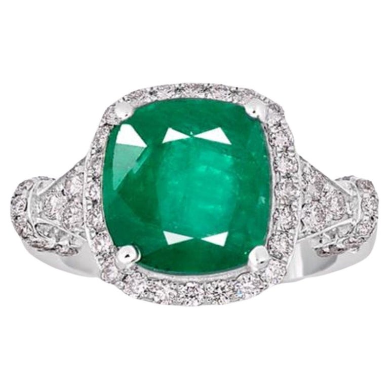 Customizable Unique Halo Emerald Engagement Ring, 4 Carat Emerald Gold