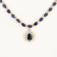 Unique Halo Oval Cut Sapphire Diamonds Bridal Pendant Necklace 18K Gold