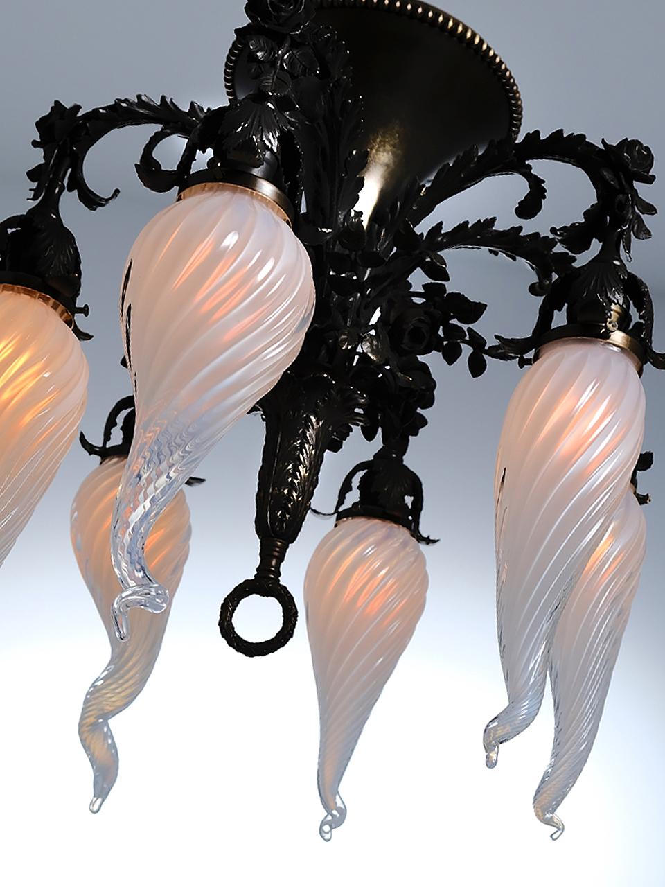 Unique Hand Blown 6 Shade Floral Chandelier In Good Condition In Peekskill, NY