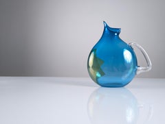 Unique Hand-Blown Glass Jug Signed by 20th Century Artisan, Vibrant Blue