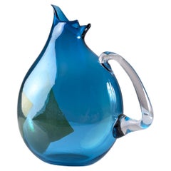Unique Hand-Blown Glass Jug Signed by 20th Century Artisan, Vibrant Blue