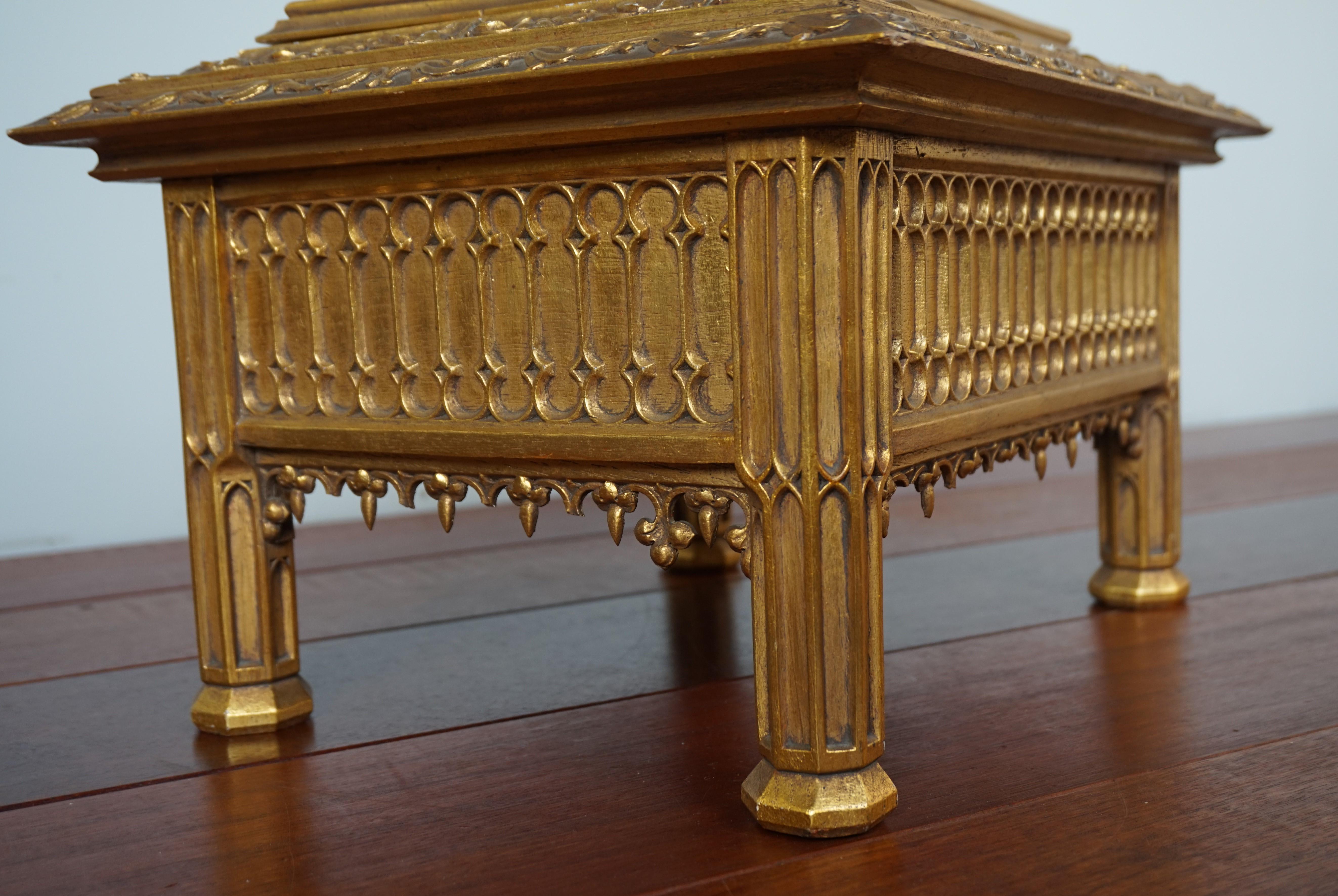 Unique Hand Carved and Gilt Oak Gothic Revival Church Reliquary Casket with Lid 4