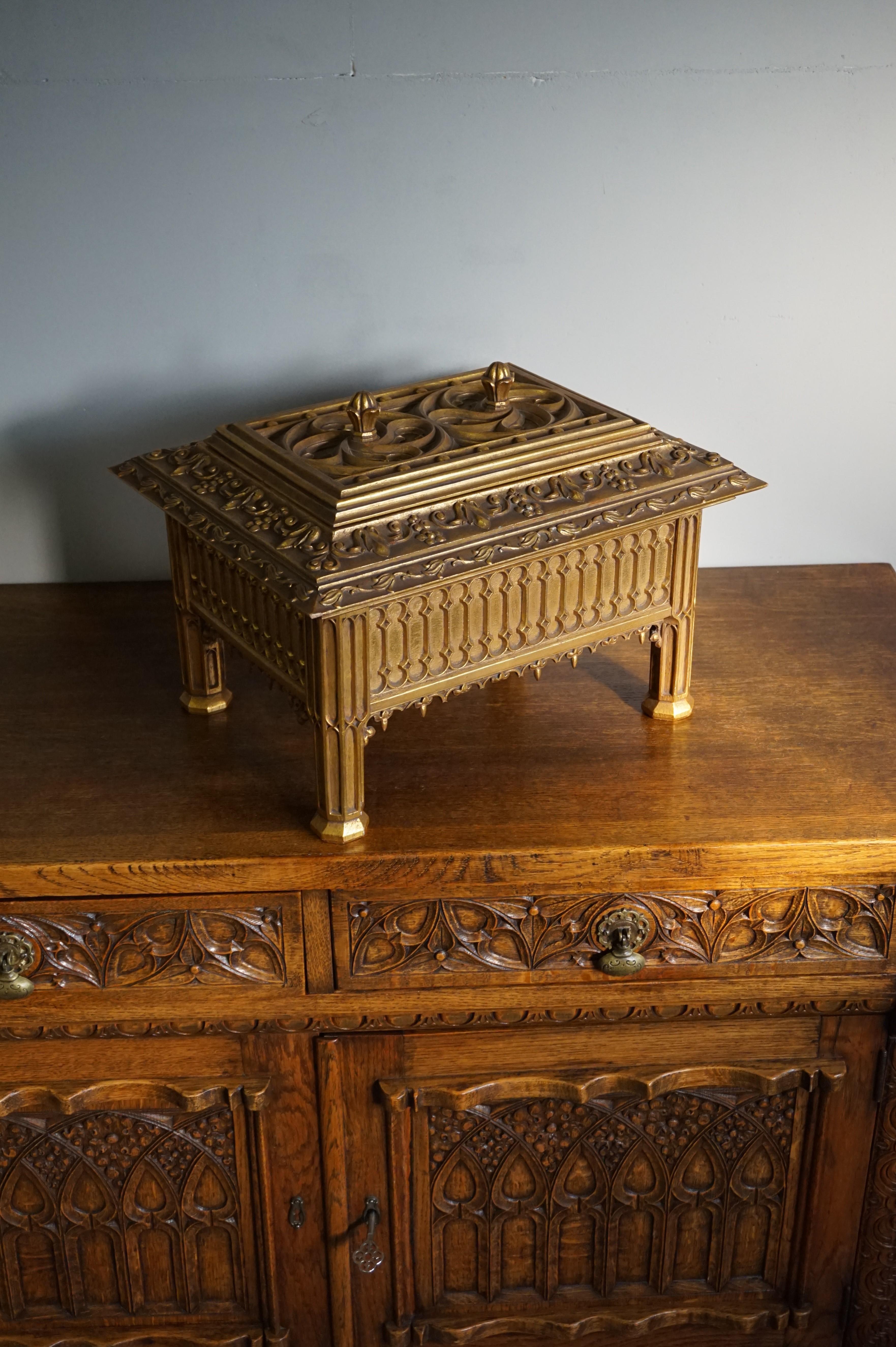 Unique Hand Carved and Gilt Oak Gothic Revival Church Reliquary Casket with Lid 6