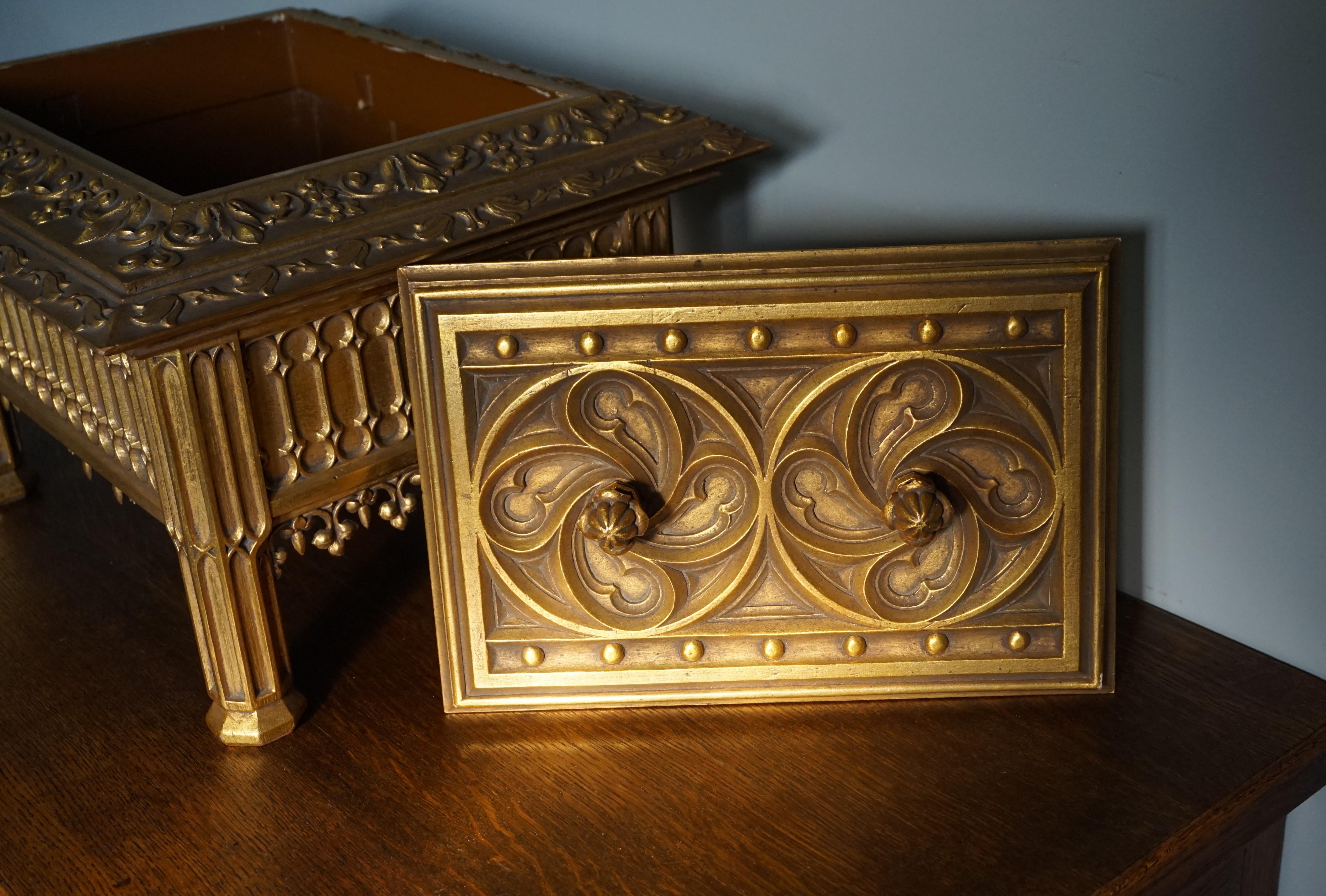 Unique Hand Carved and Gilt Oak Gothic Revival Church Reliquary Casket with Lid 7