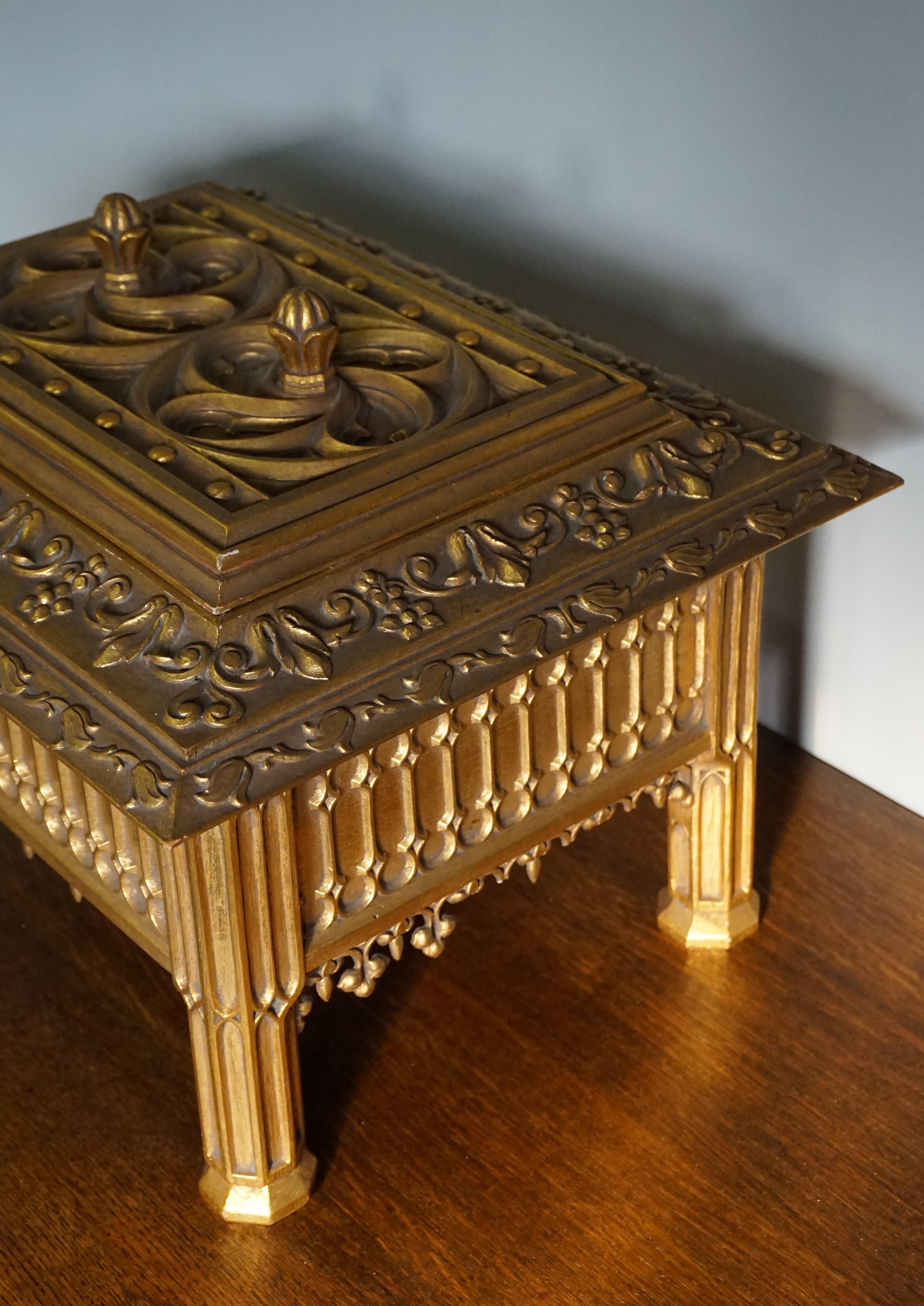 Unique Hand Carved and Gilt Oak Gothic Revival Church Reliquary Casket with Lid 13