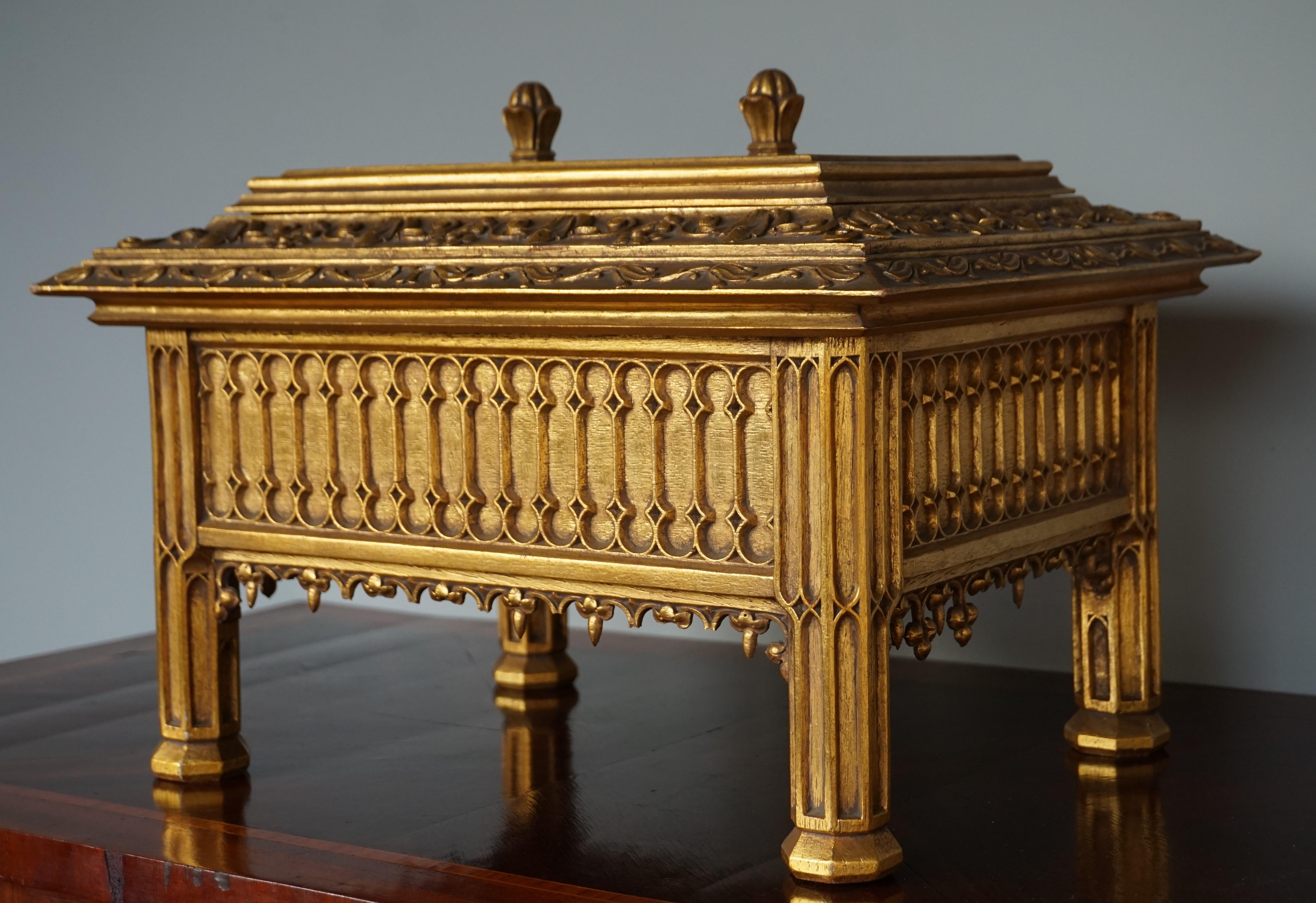 Unique Hand Carved and Gilt Oak Gothic Revival Church Reliquary Casket with Lid 14