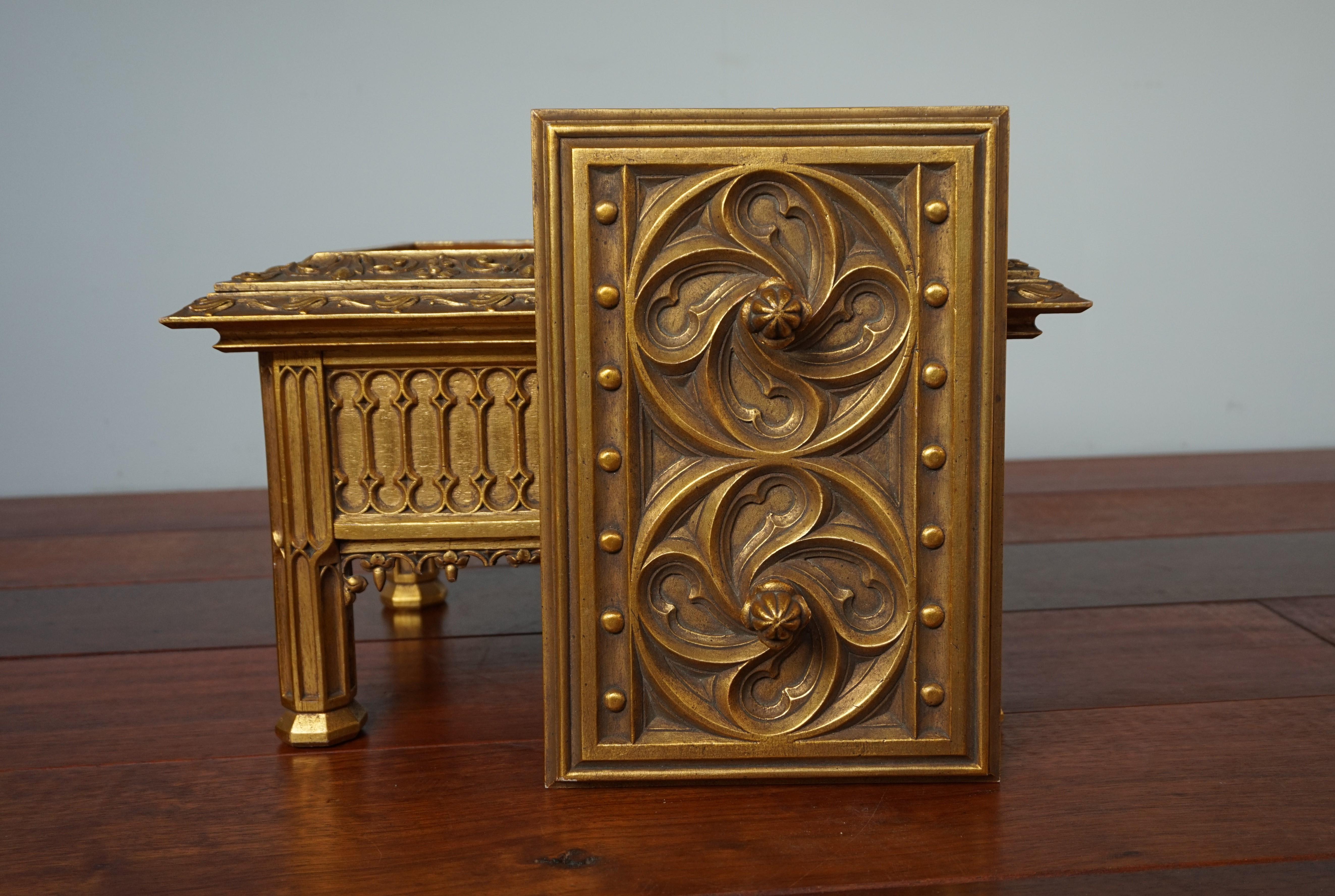 European Unique Hand Carved and Gilt Oak Gothic Revival Church Reliquary Casket with Lid