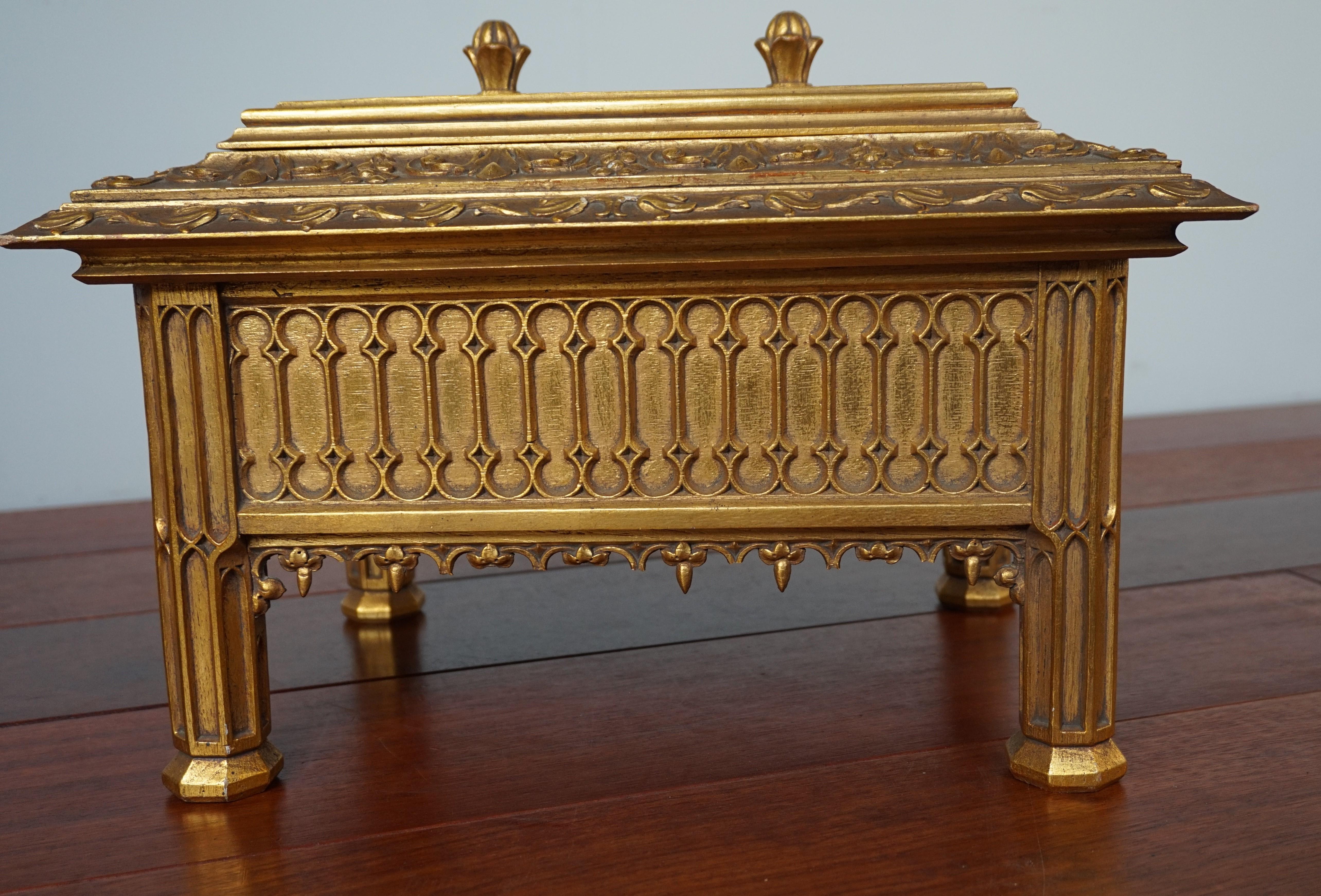 Unique Hand Carved and Gilt Oak Gothic Revival Church Reliquary Casket with Lid 2