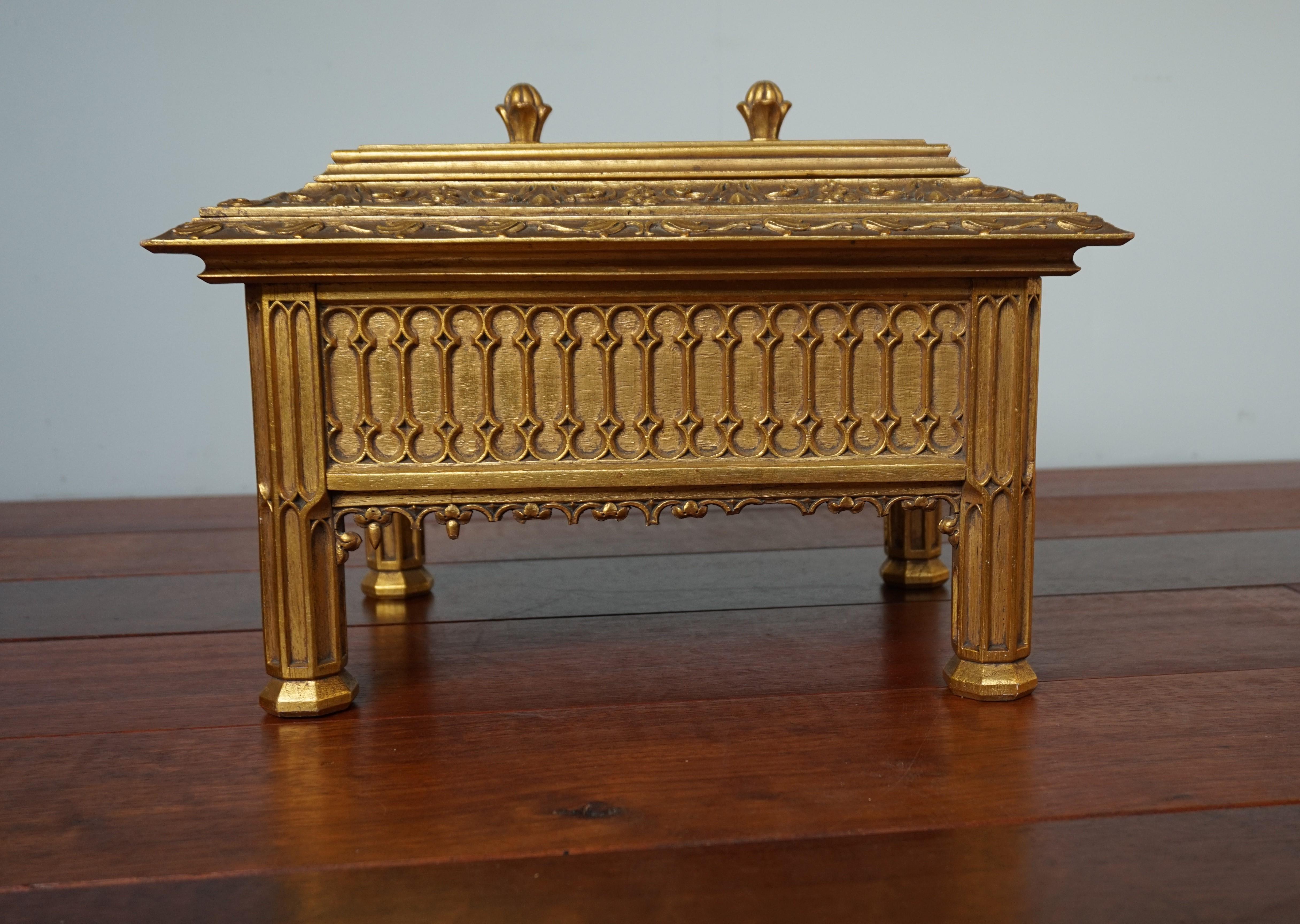 Unique Hand Carved and Gilt Oak Gothic Revival Church Reliquary Casket with Lid 3