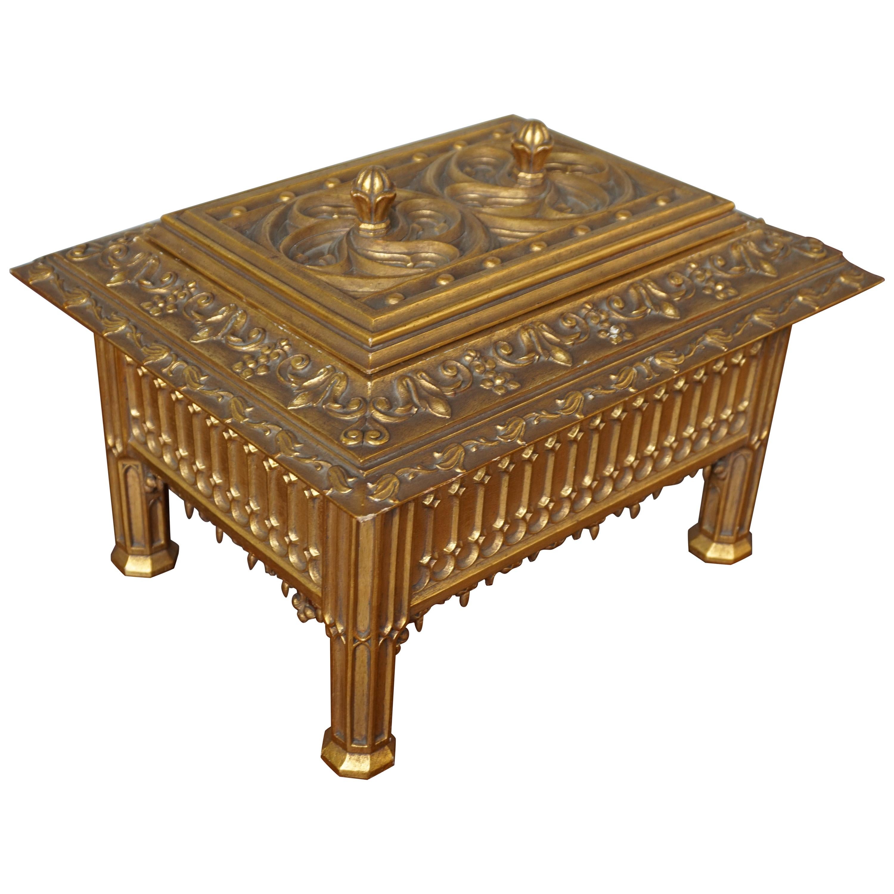 Unique Hand Carved and Gilt Oak Gothic Revival Church Reliquary Casket with Lid