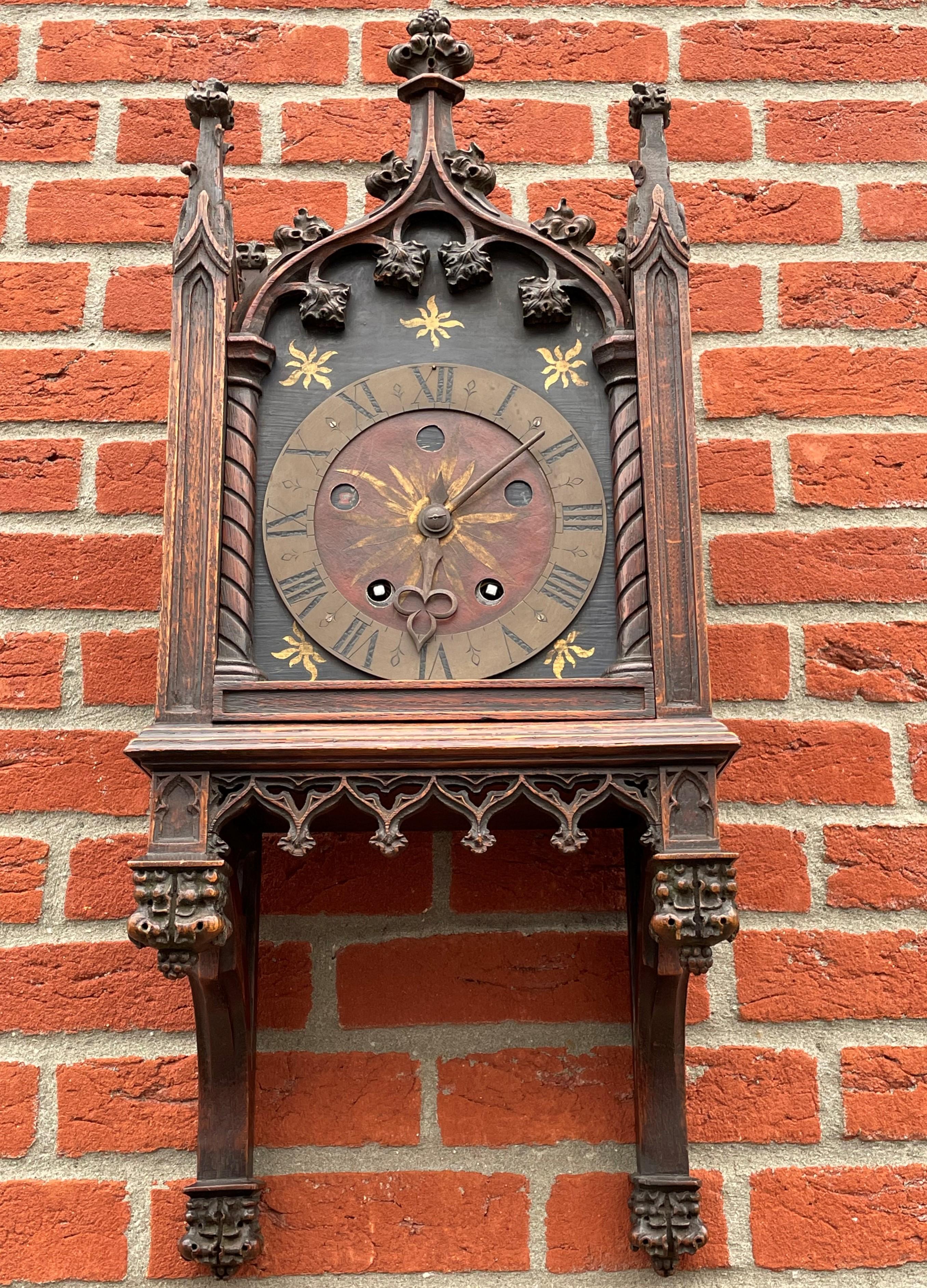 Unique, Hand Carved and Hand Painted 19th Century Oak Gothic Revival Wall Clock 10