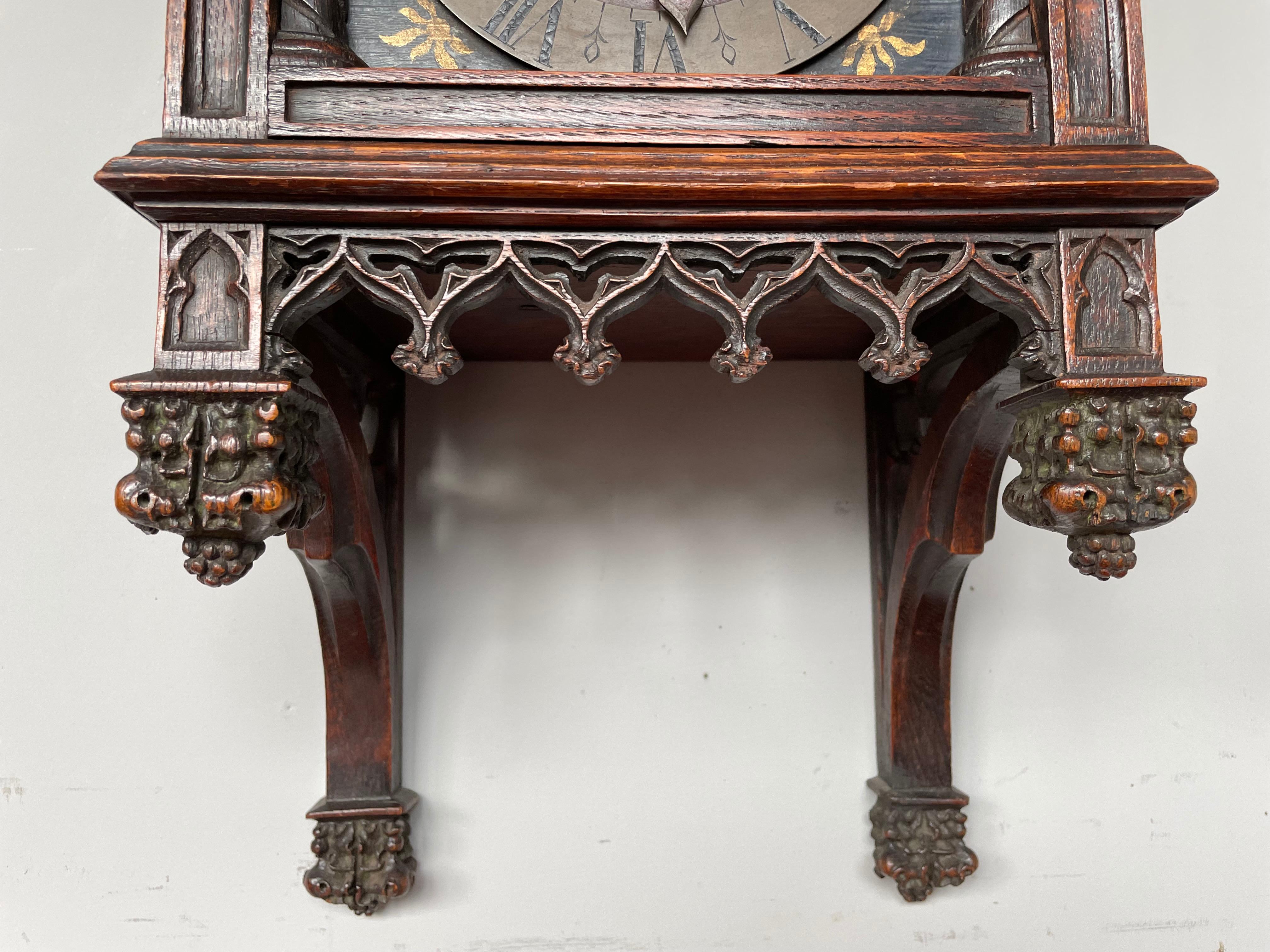 Unique, Hand Carved and Hand Painted 19th Century Oak Gothic Revival Wall Clock 11
