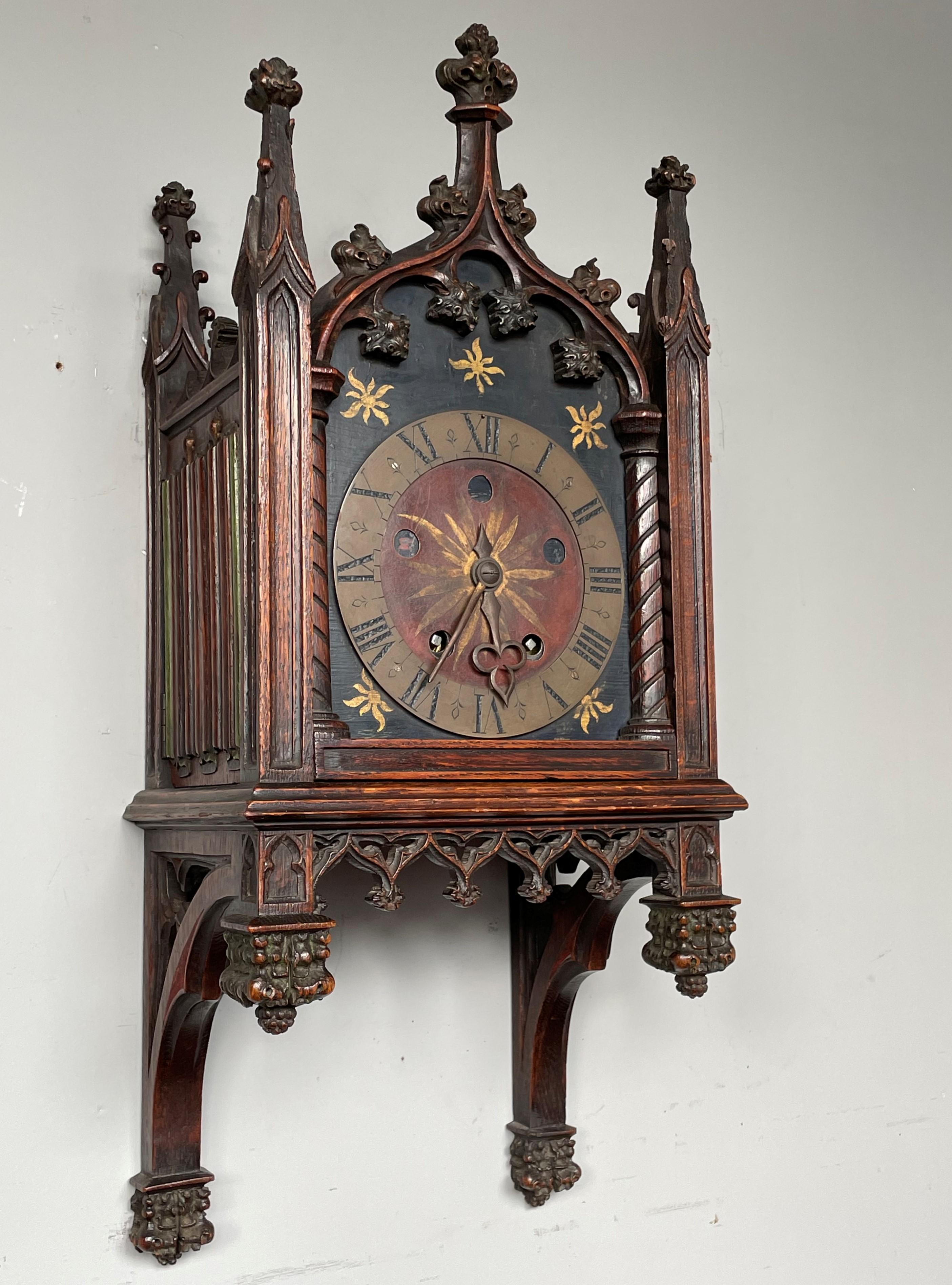 Unique, Hand Carved and Hand Painted 19th Century Oak Gothic Revival Wall Clock 12