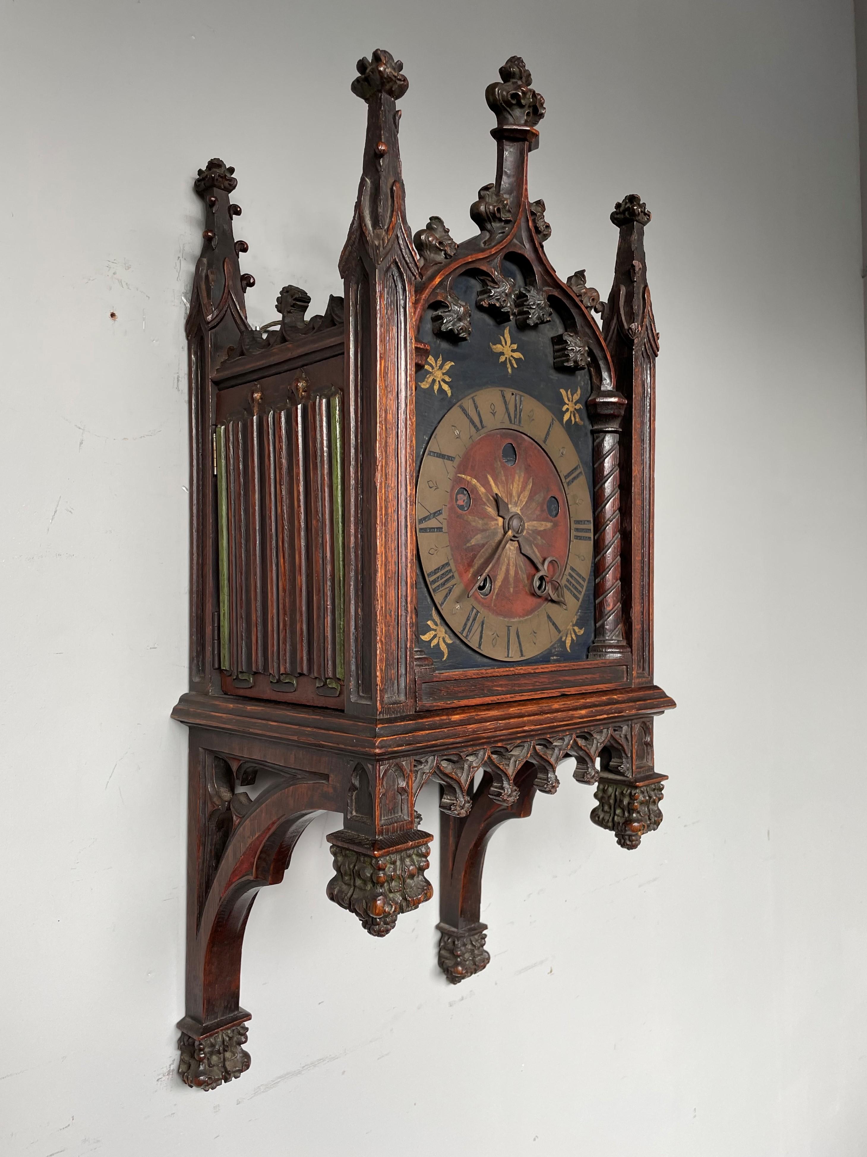 Unique, Hand Carved and Hand Painted 19th Century Oak Gothic Revival Wall Clock 13