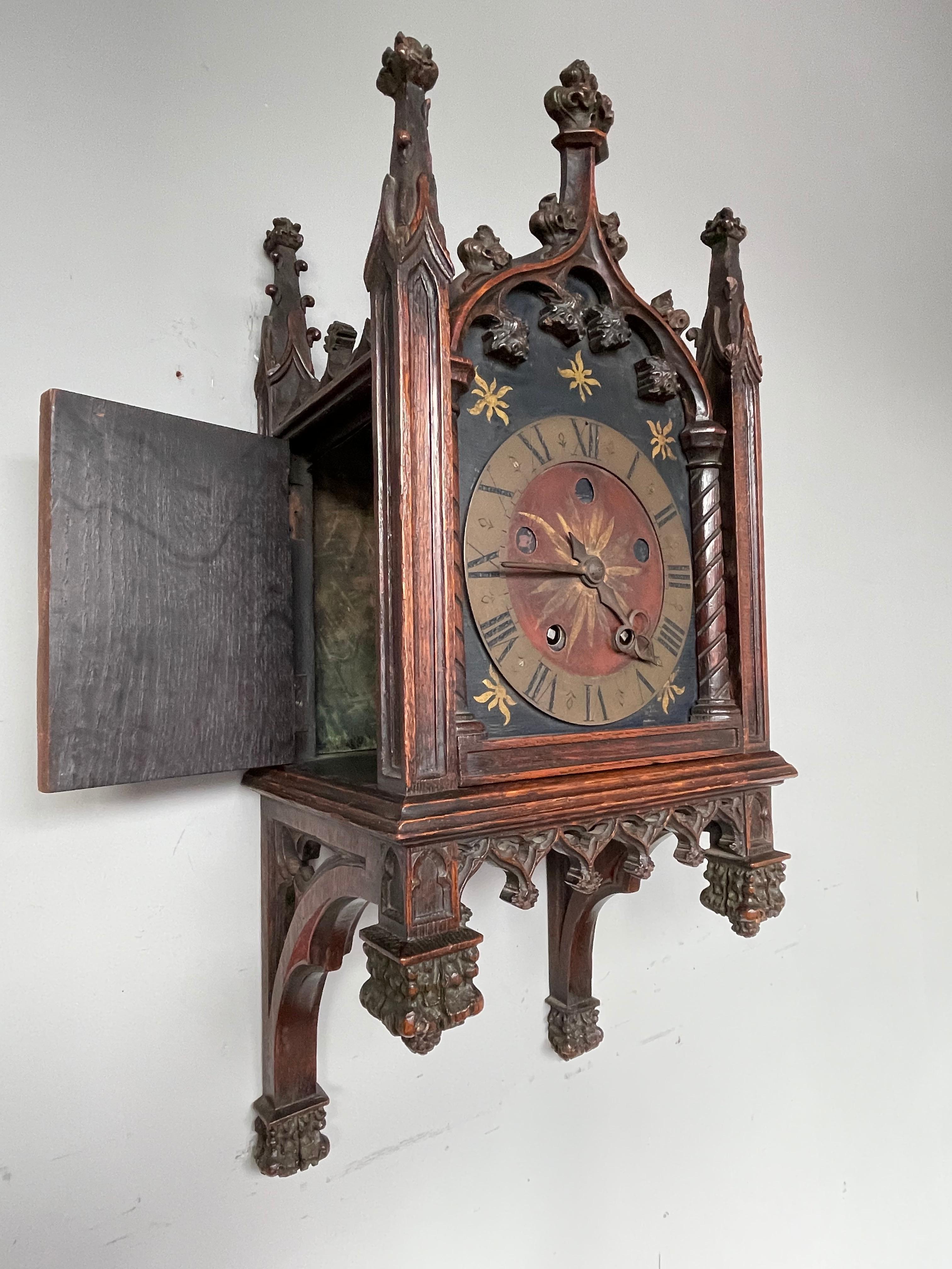 French Unique, Hand Carved and Hand Painted 19th Century Oak Gothic Revival Wall Clock