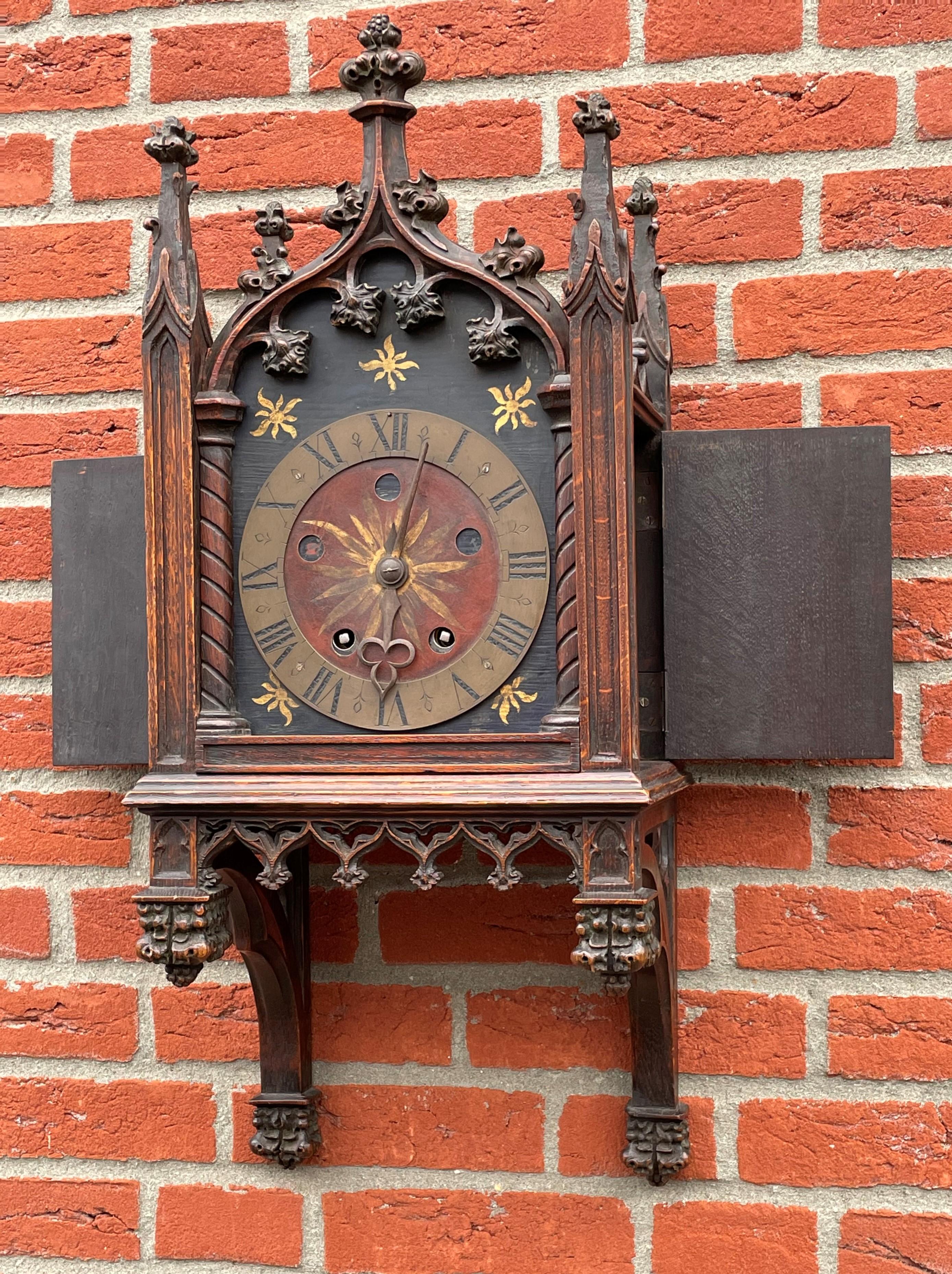 Unique, Hand Carved and Hand Painted 19th Century Oak Gothic Revival Wall Clock In Good Condition In Lisse, NL
