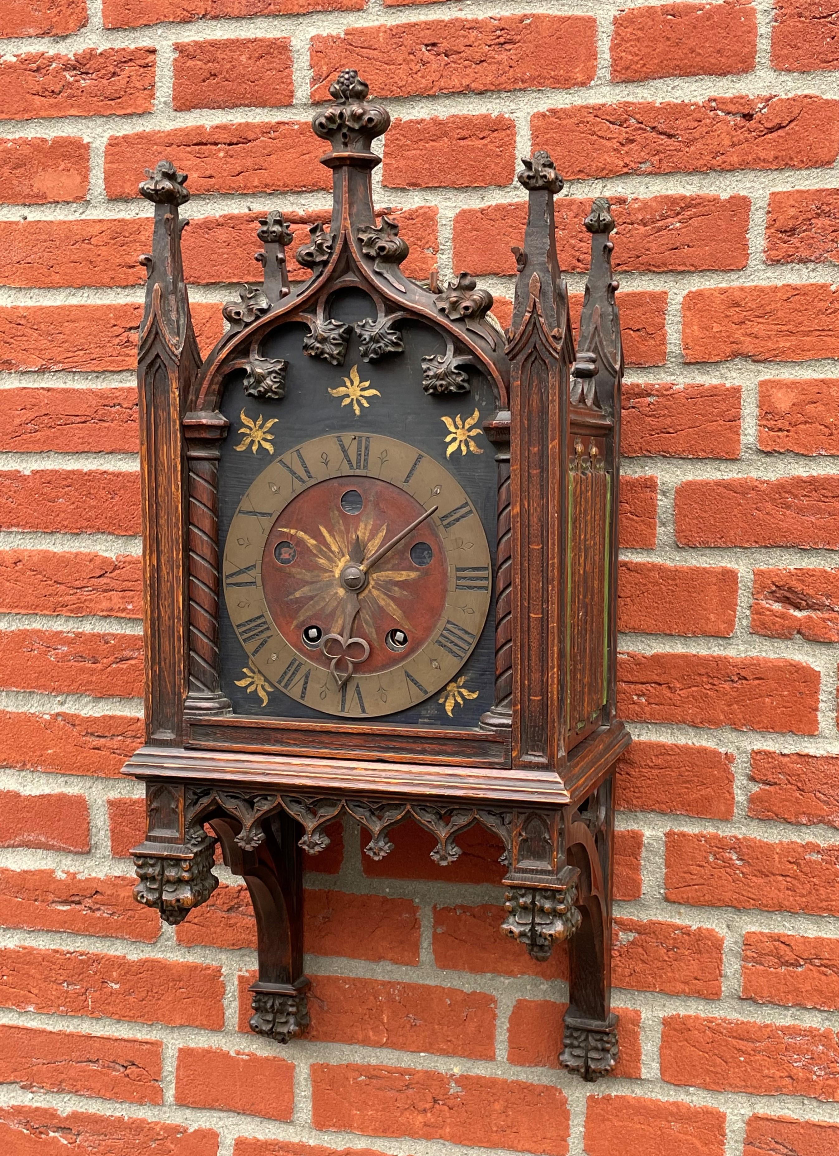 Metal Unique, Hand Carved and Hand Painted 19th Century Oak Gothic Revival Wall Clock