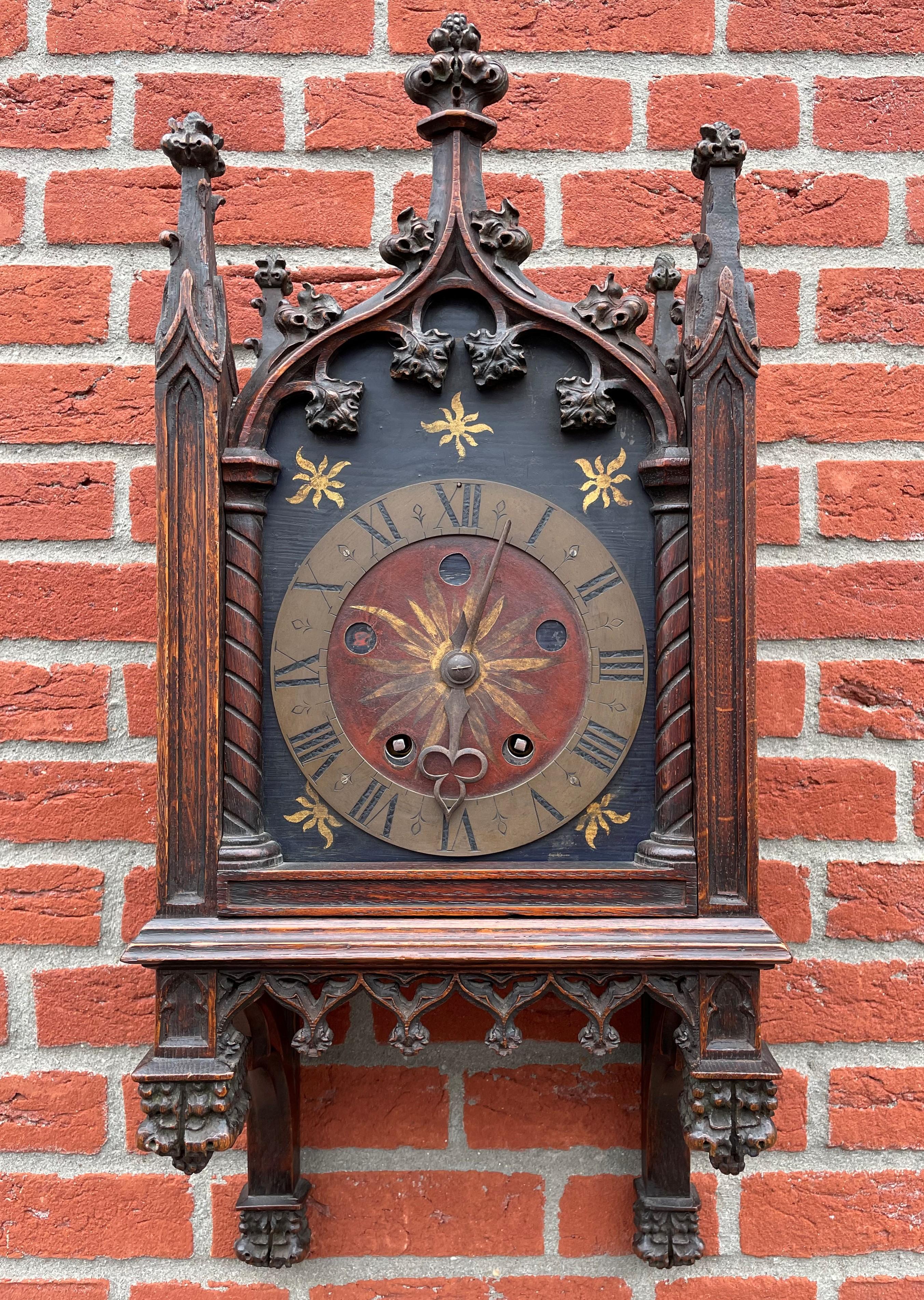 Unique, Hand Carved and Hand Painted 19th Century Oak Gothic Revival Wall Clock 1
