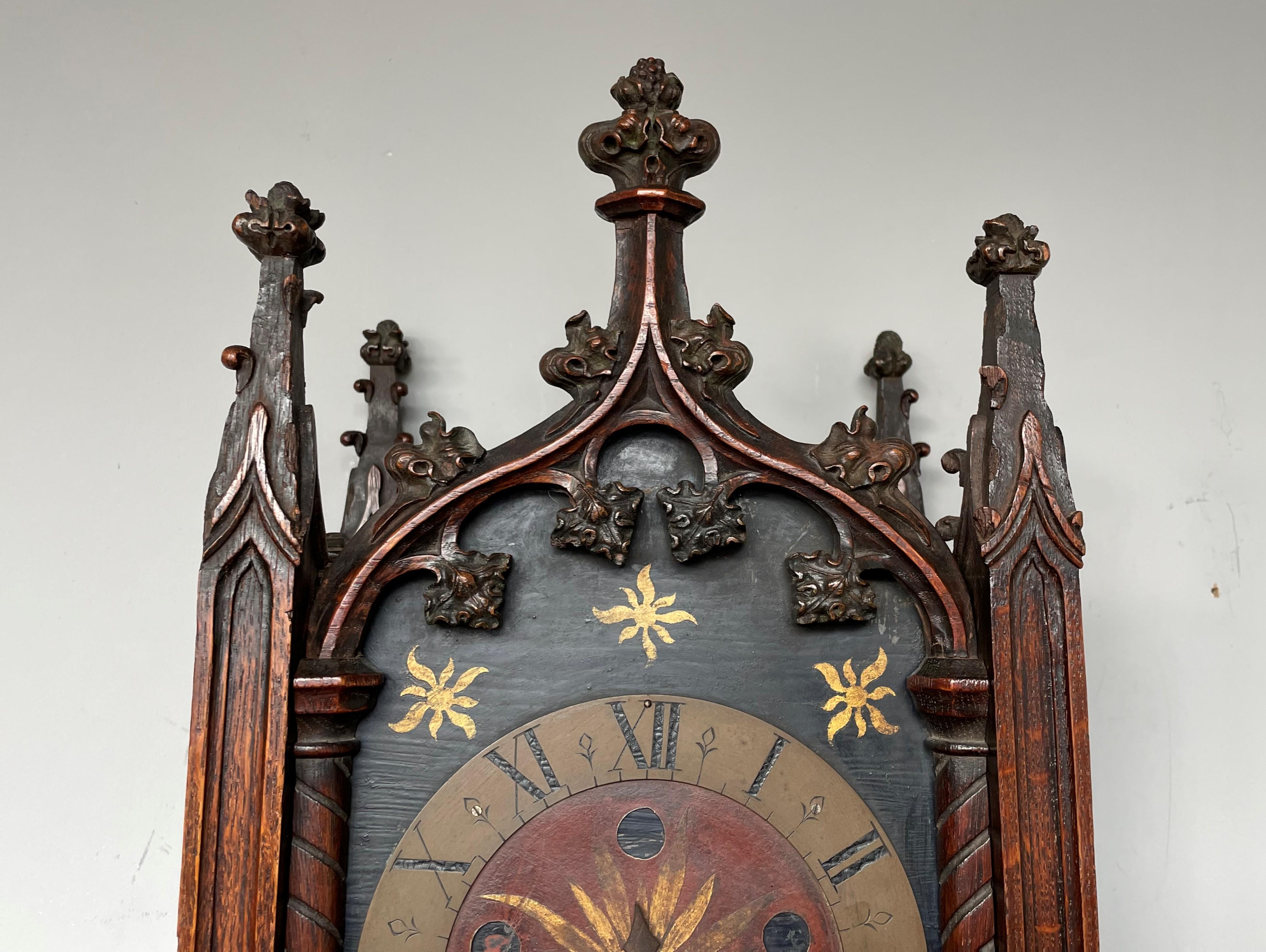 Unique, Hand Carved and Hand Painted 19th Century Oak Gothic Revival Wall Clock 2