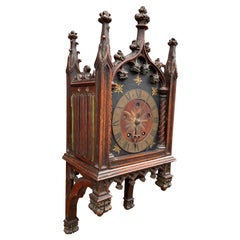 Unique, Hand Carved and Hand Painted 19th Century Oak Gothic Revival Wall Clock