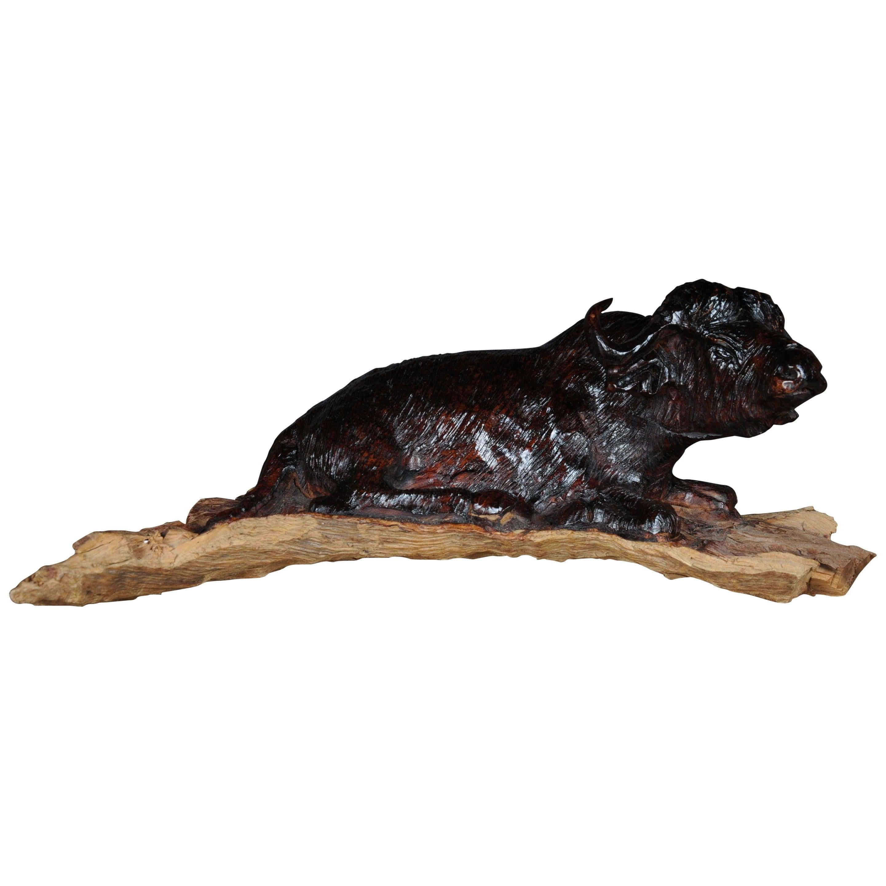 Unique Hand Carved Animal Sculpture Bison Made of Solid Wood For Sale