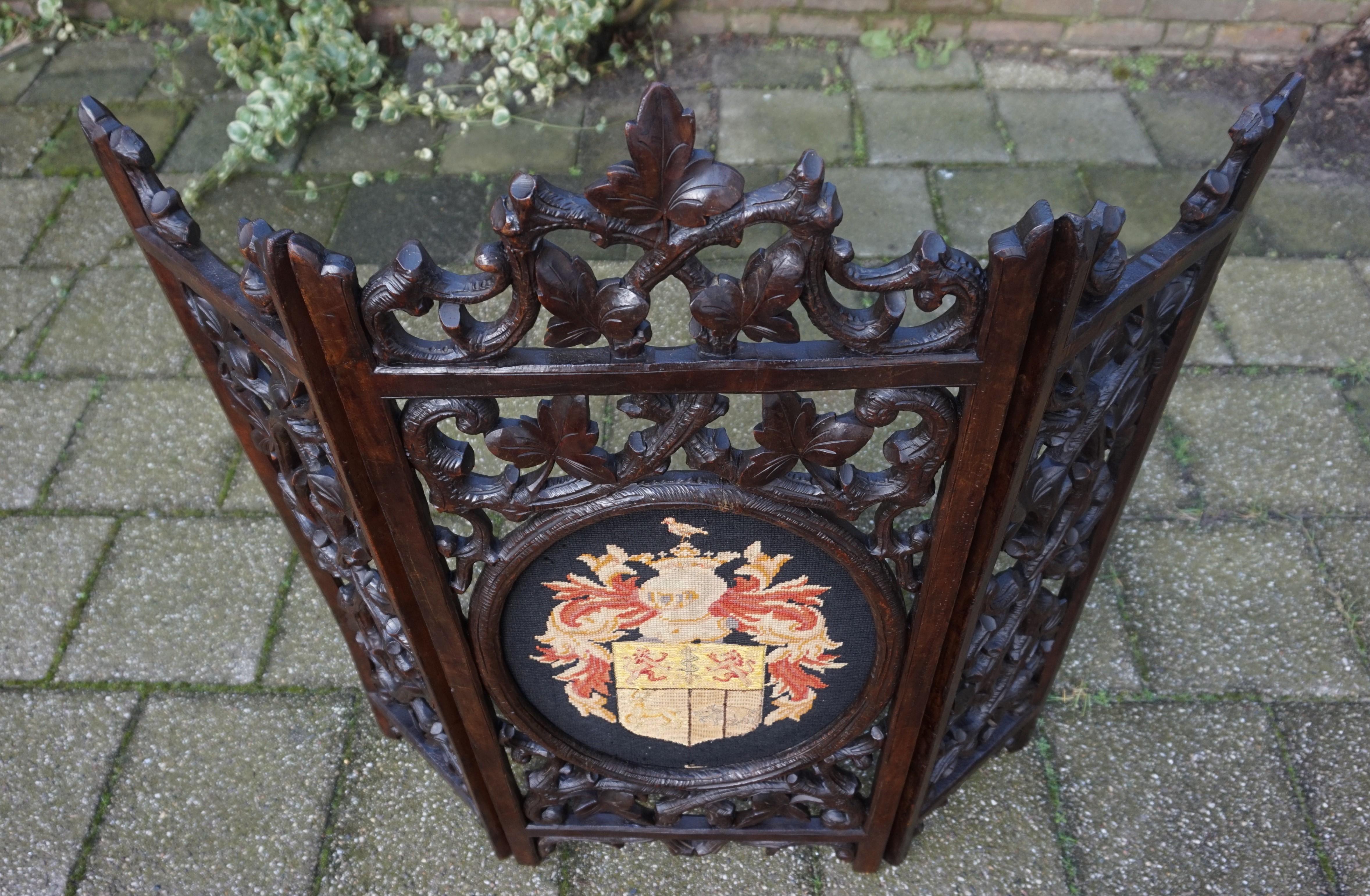 Unique & Hand Carved Antique Black Forest Firescreen w. Knight Helmet Embroidery 9