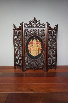 Unique & Hand Carved Antique Black Forest Firescreen w. Knight Helmet Embroidery