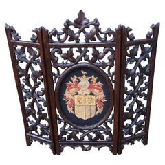 Unique & Hand Carved Antique Black Forest Firescreen w. Knight Helmet Embroidery