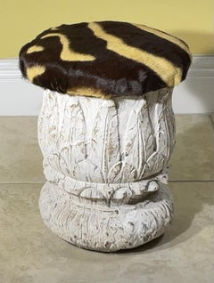 Unique Hand-Carved Antique Indian Pillar & Genuine Zebra Skin Footstool/Ottoman