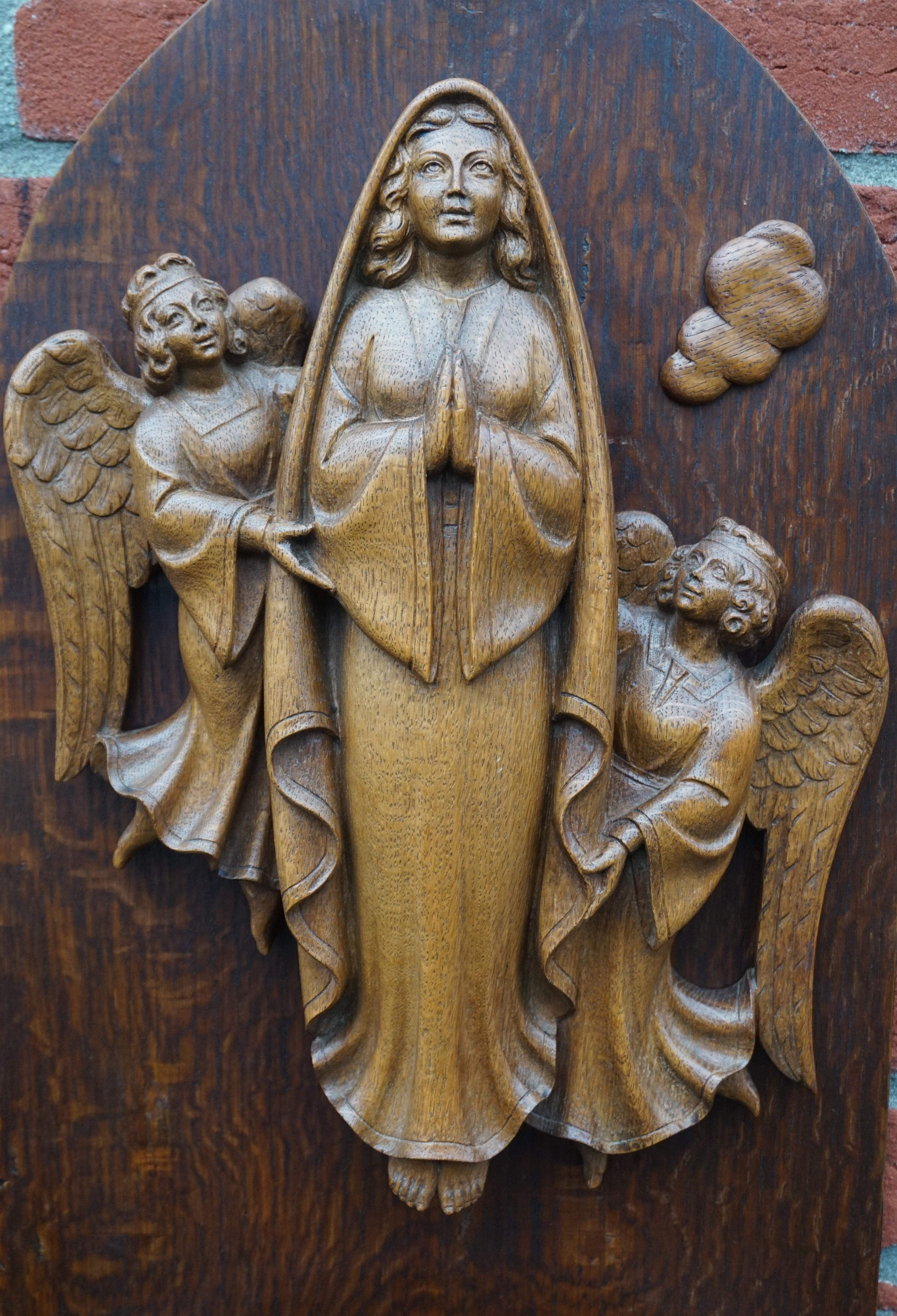 Hand Carved Antique Wall Plaque Sculpture of The Assumption of Mary with Angels 7