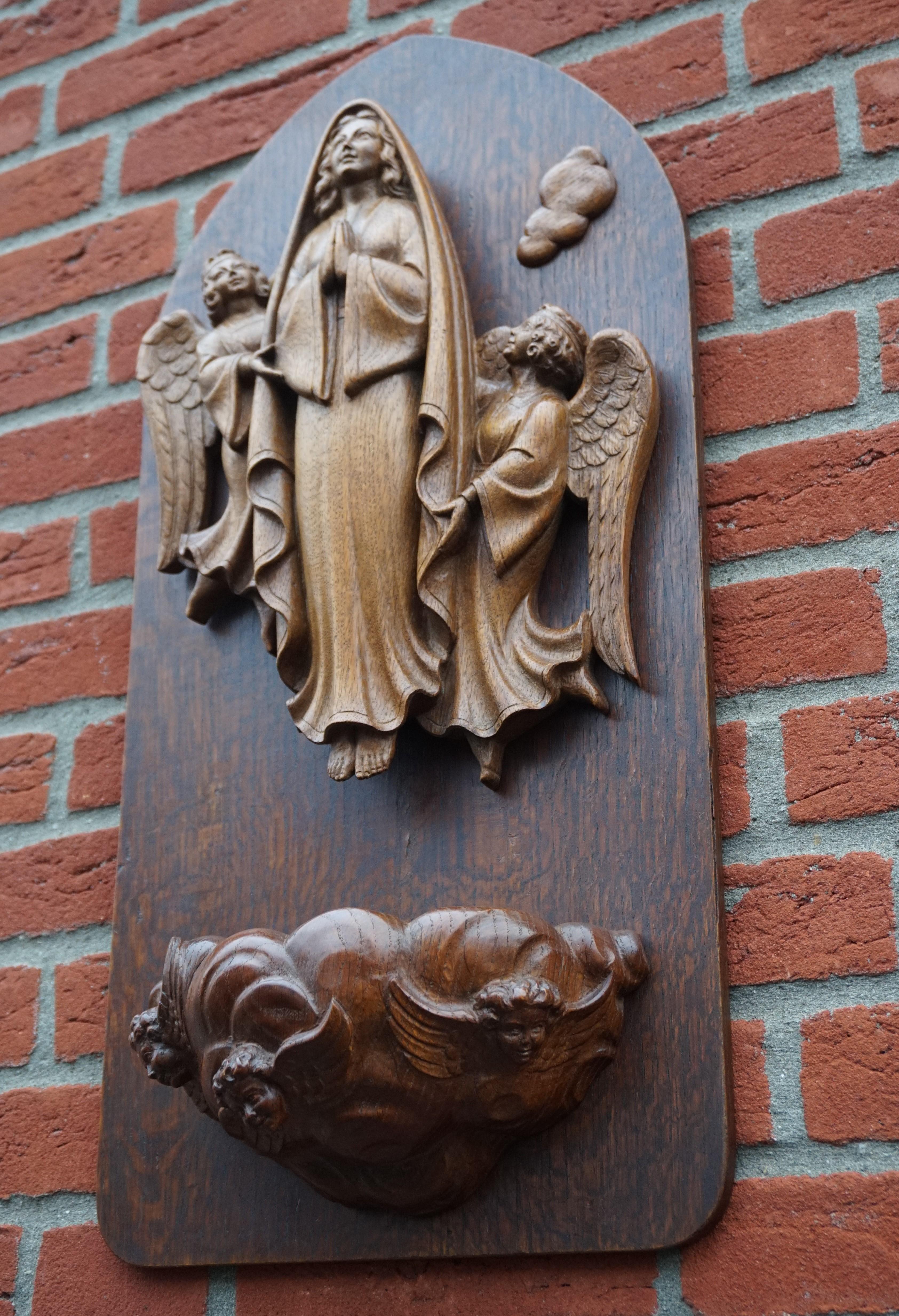 Hand Carved Antique Wall Plaque Sculpture of The Assumption of Mary with Angels 12