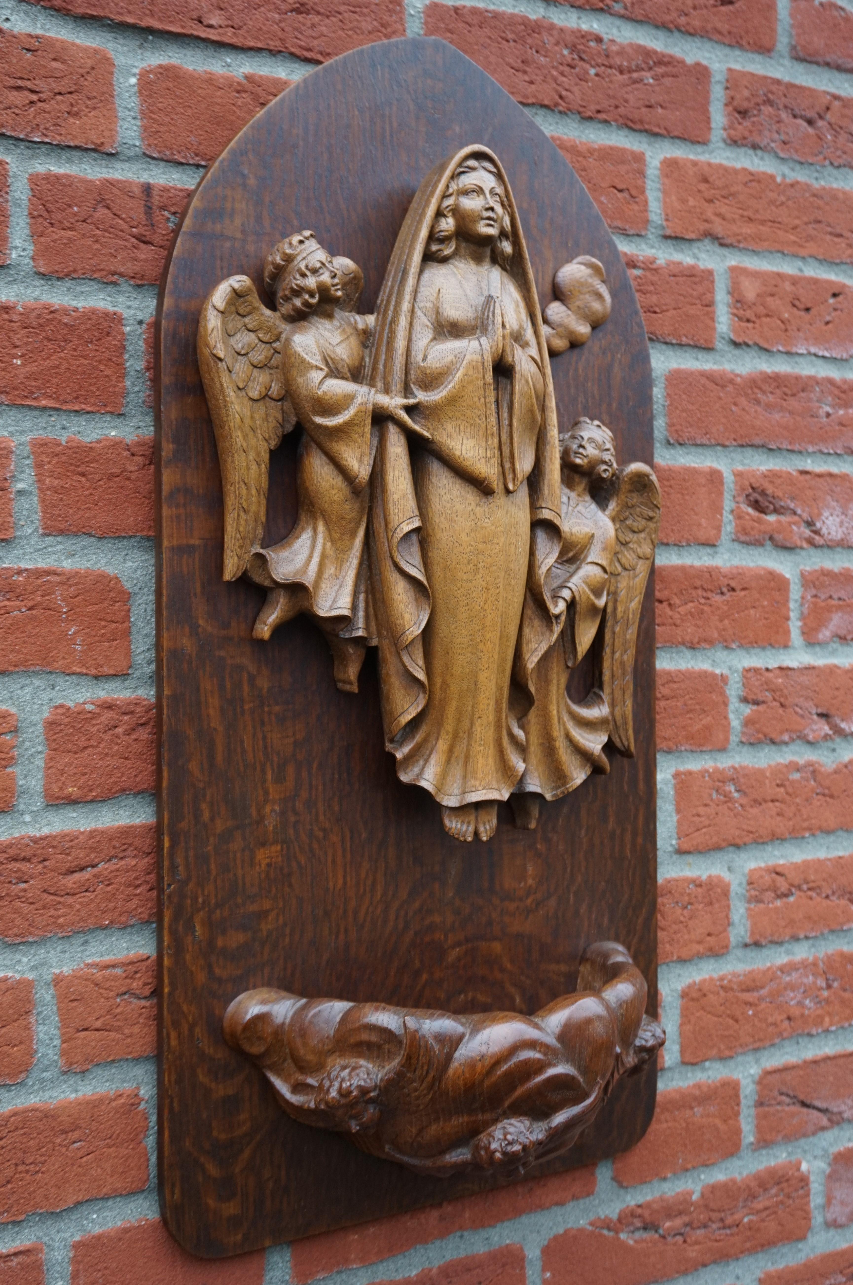 European Hand Carved Antique Wall Plaque Sculpture of The Assumption of Mary with Angels