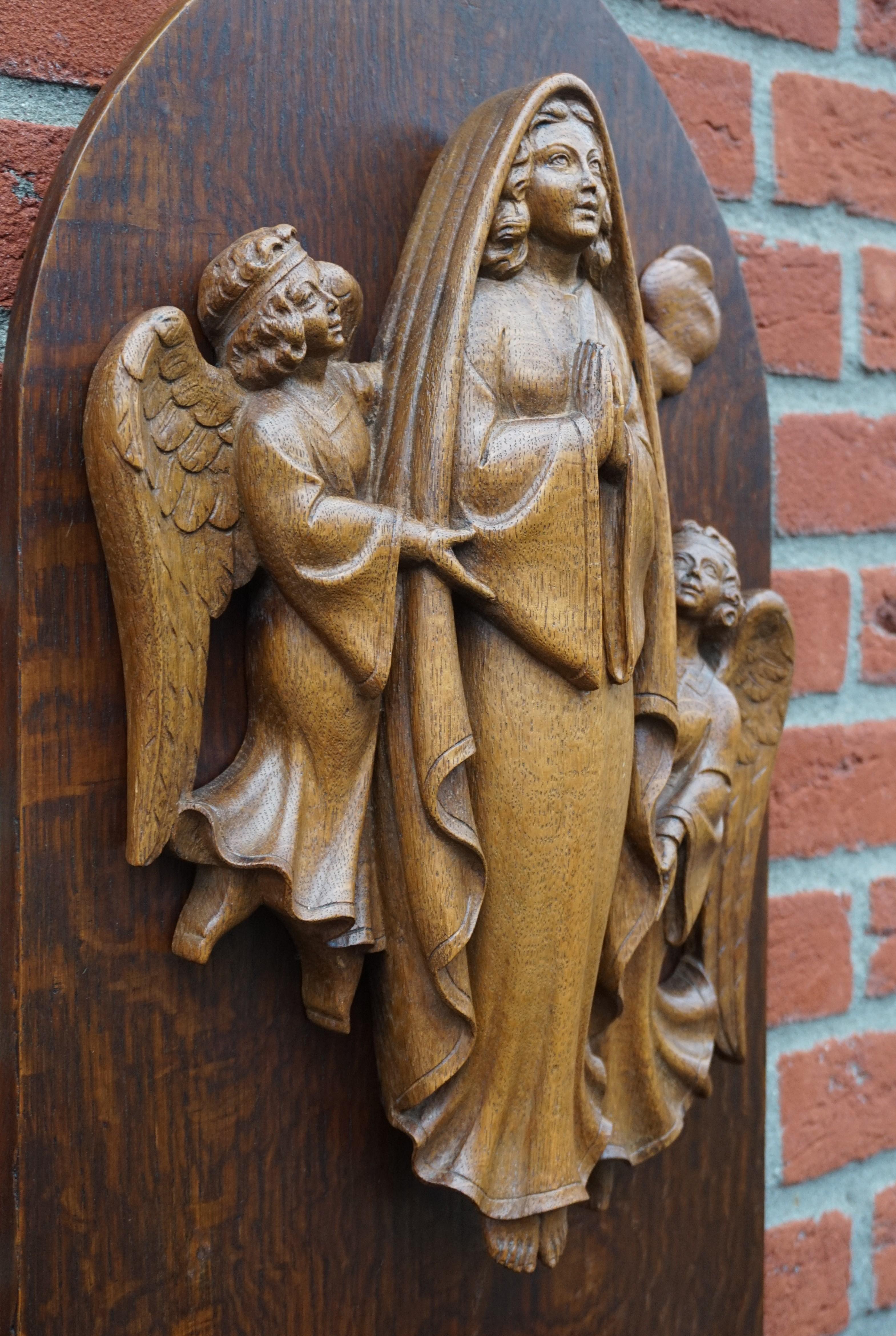 Hand-Carved Hand Carved Antique Wall Plaque Sculpture of The Assumption of Mary with Angels