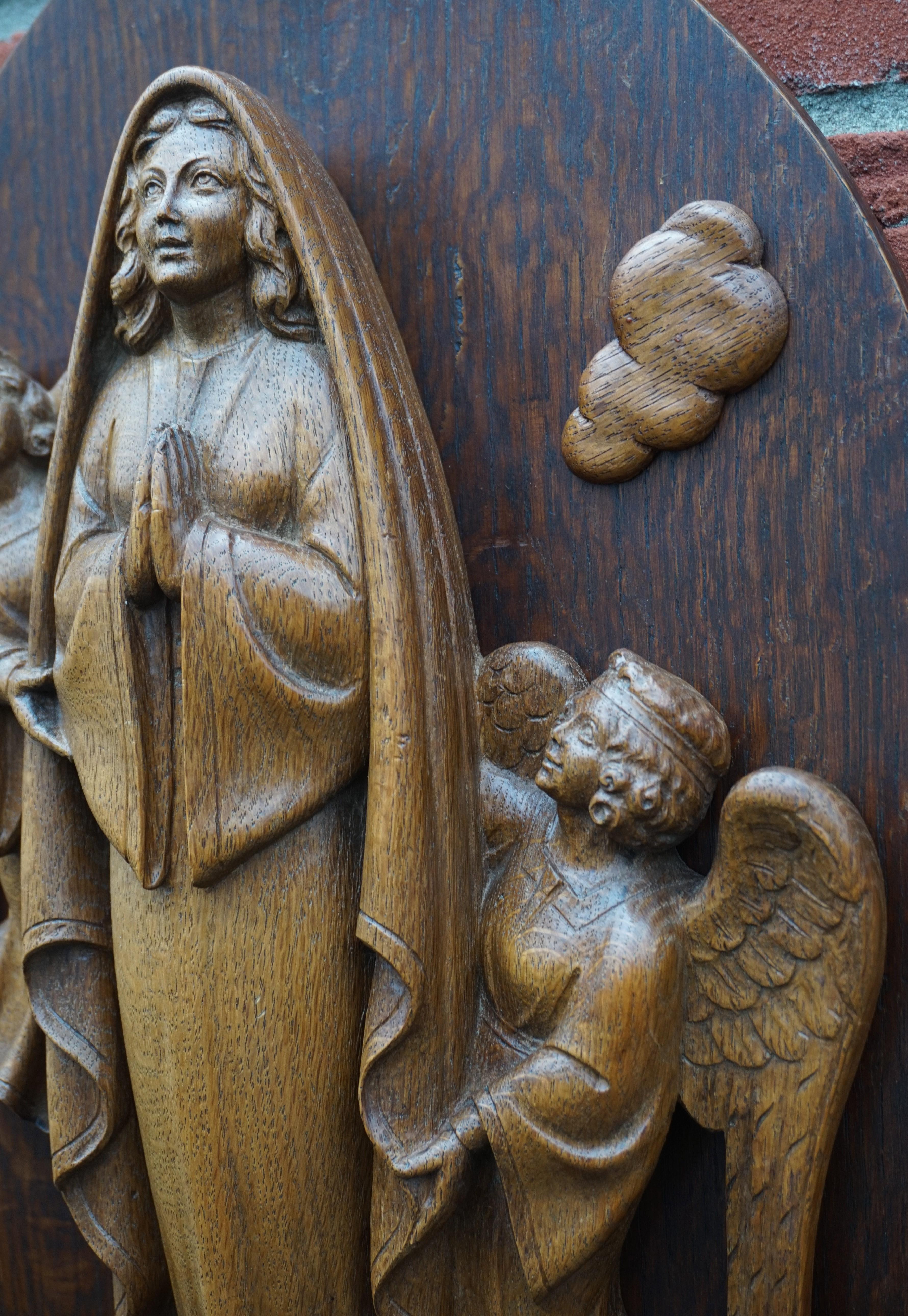 20th Century Hand Carved Antique Wall Plaque Sculpture of The Assumption of Mary with Angels