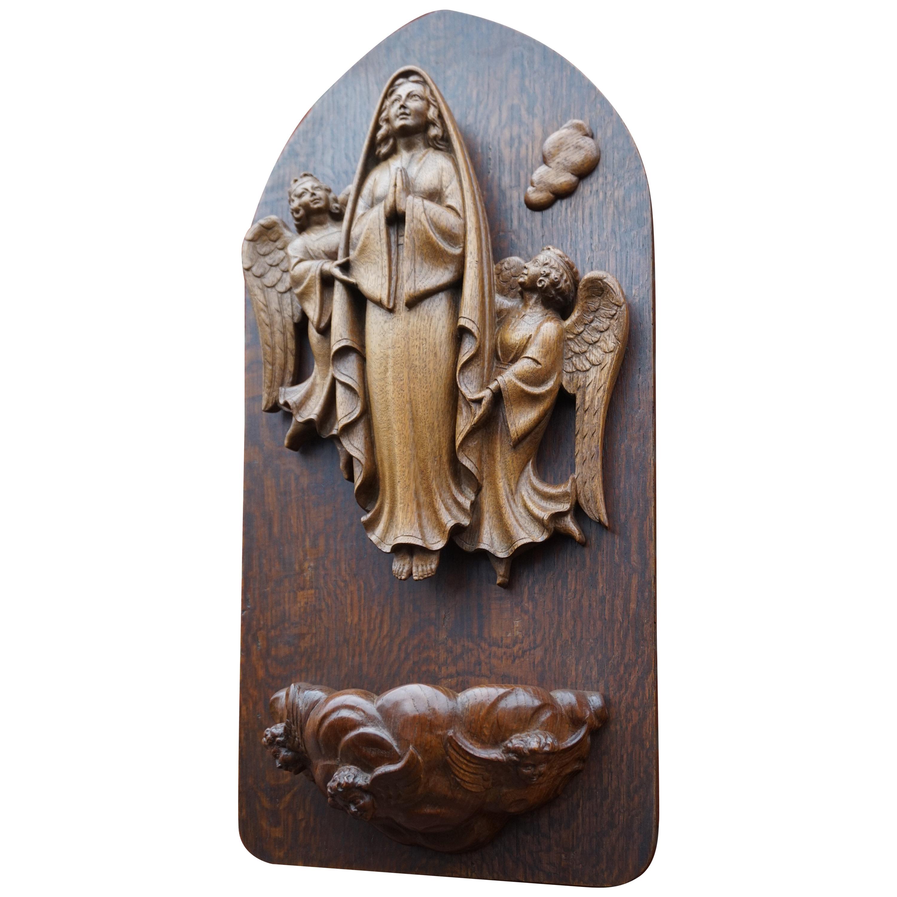 Hand Carved Antique Wall Plaque Sculpture of The Assumption of Mary with Angels