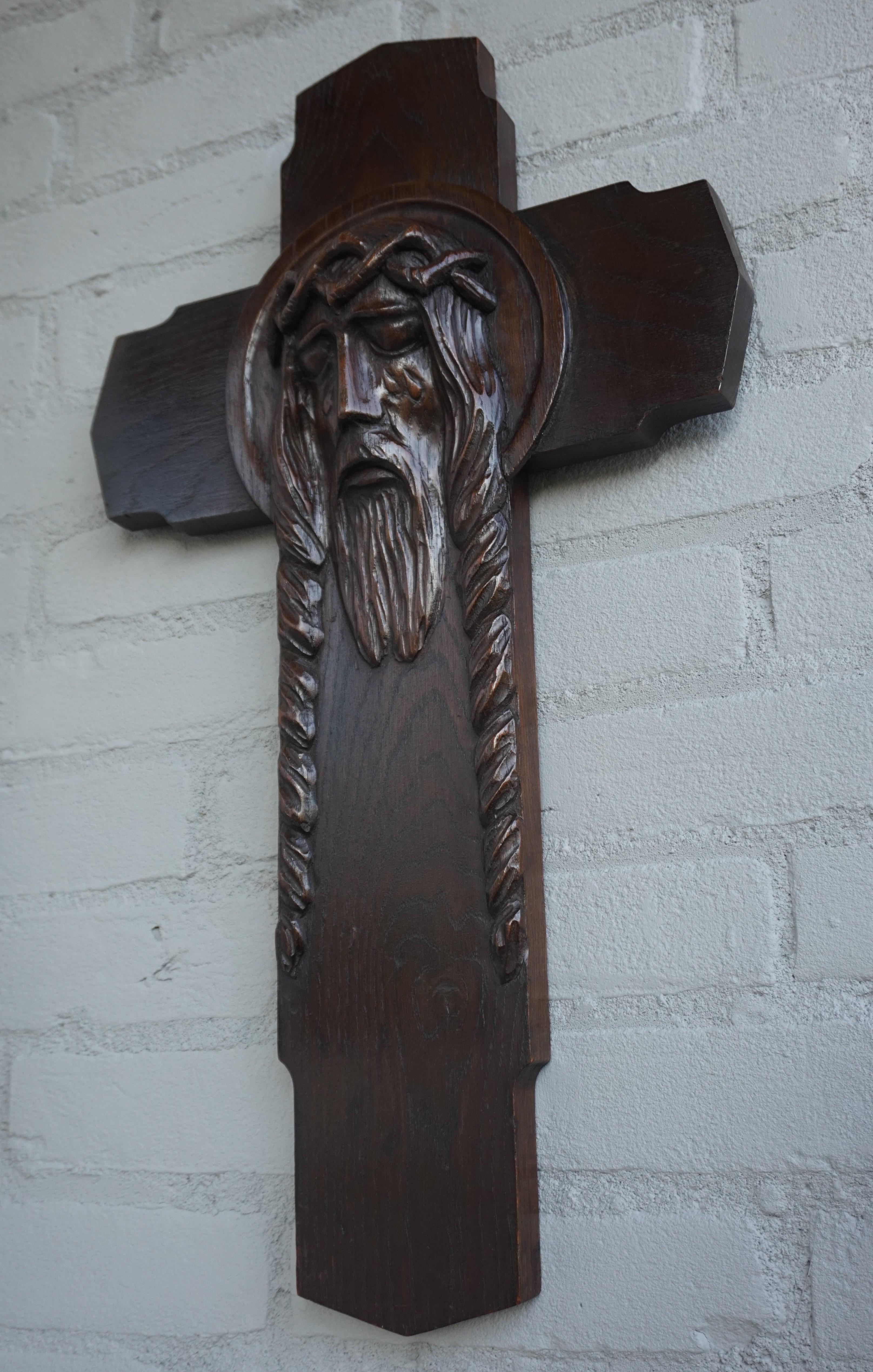 Unique Hand Carved Art Deco Wall Crucifix w. Suffering Christ in Tears Sculpture For Sale 1
