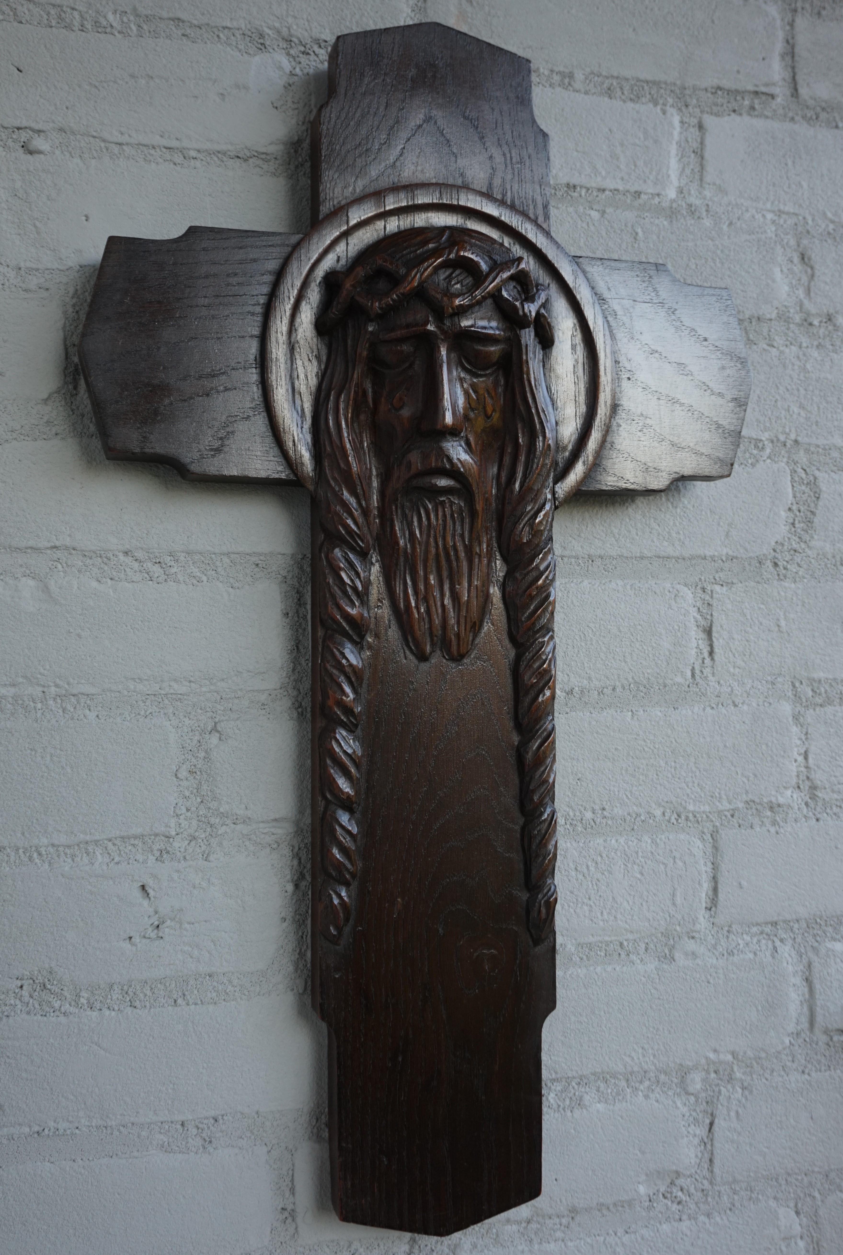 Dutch Unique Hand Carved Art Deco Wall Crucifix w. Suffering Christ in Tears Sculpture For Sale