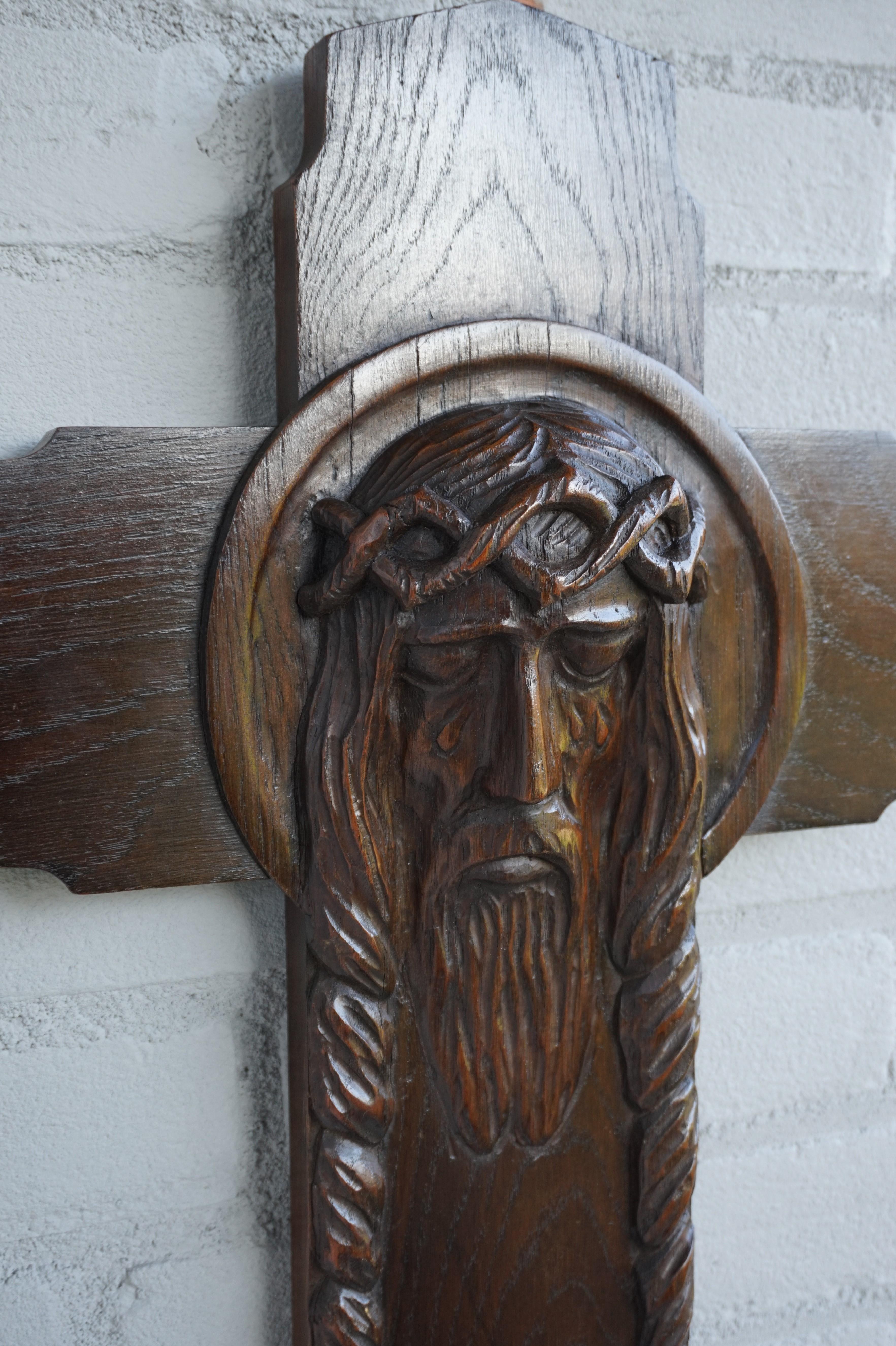 Hand-Carved Unique Hand Carved Art Deco Wall Crucifix w. Suffering Christ in Tears Sculpture For Sale