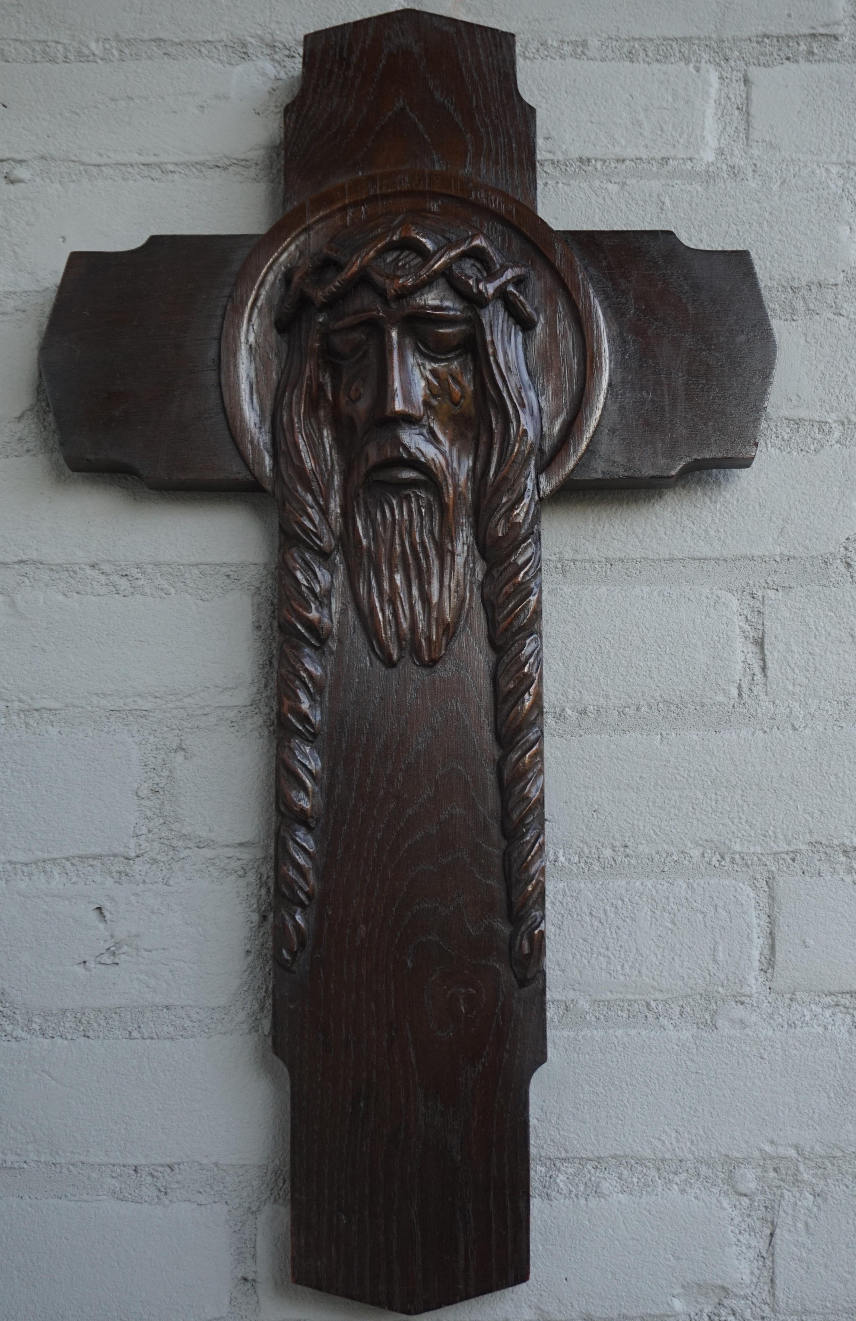 Oak Unique Hand Carved Art Deco Wall Crucifix w. Suffering Christ in Tears Sculpture For Sale