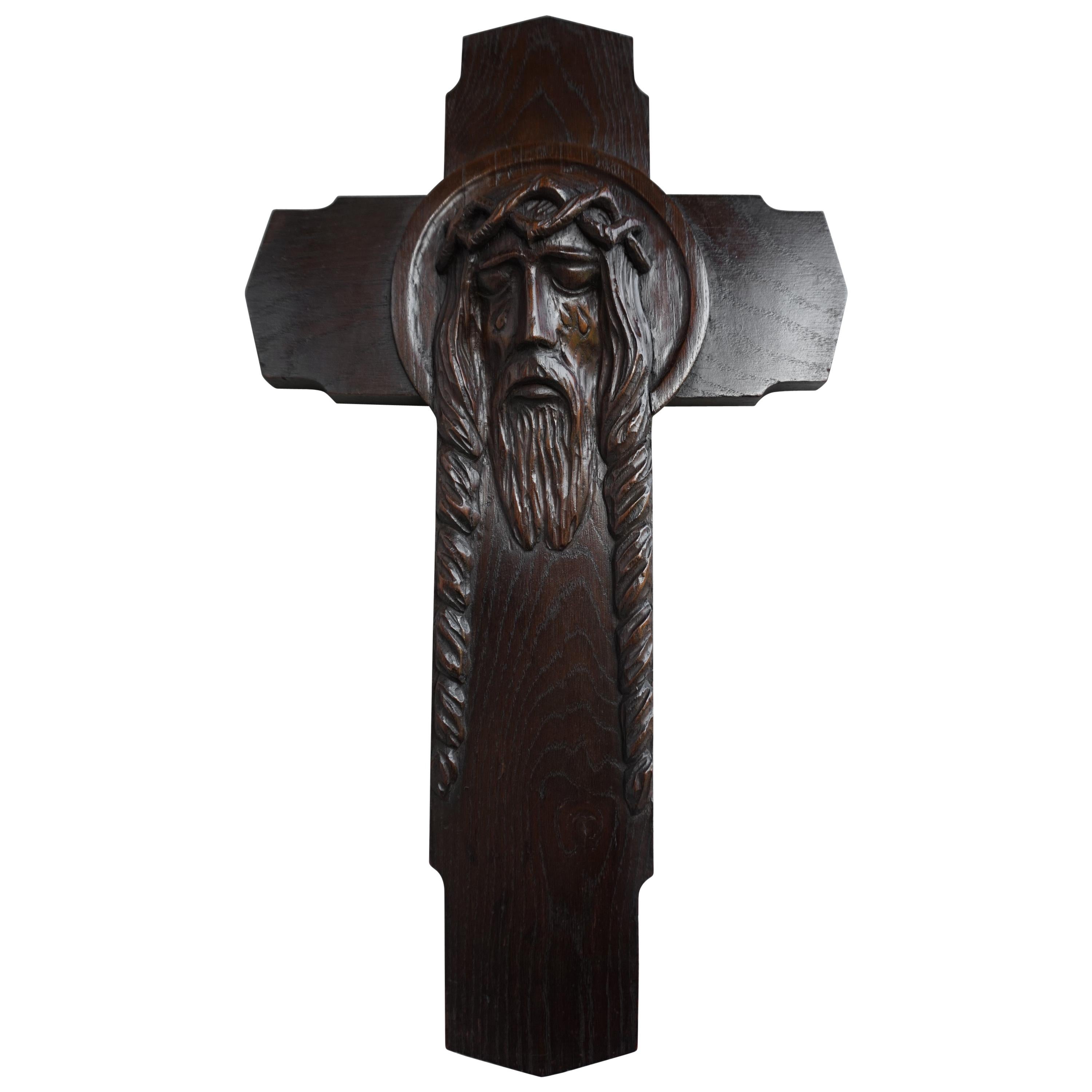 Unique Hand Carved Art Deco Wall Crucifix w. Suffering Christ in Tears Sculpture For Sale