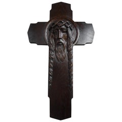 Unique Hand Carved Art Deco Wall Crucifix w. Suffering Christ in Tears Sculpture