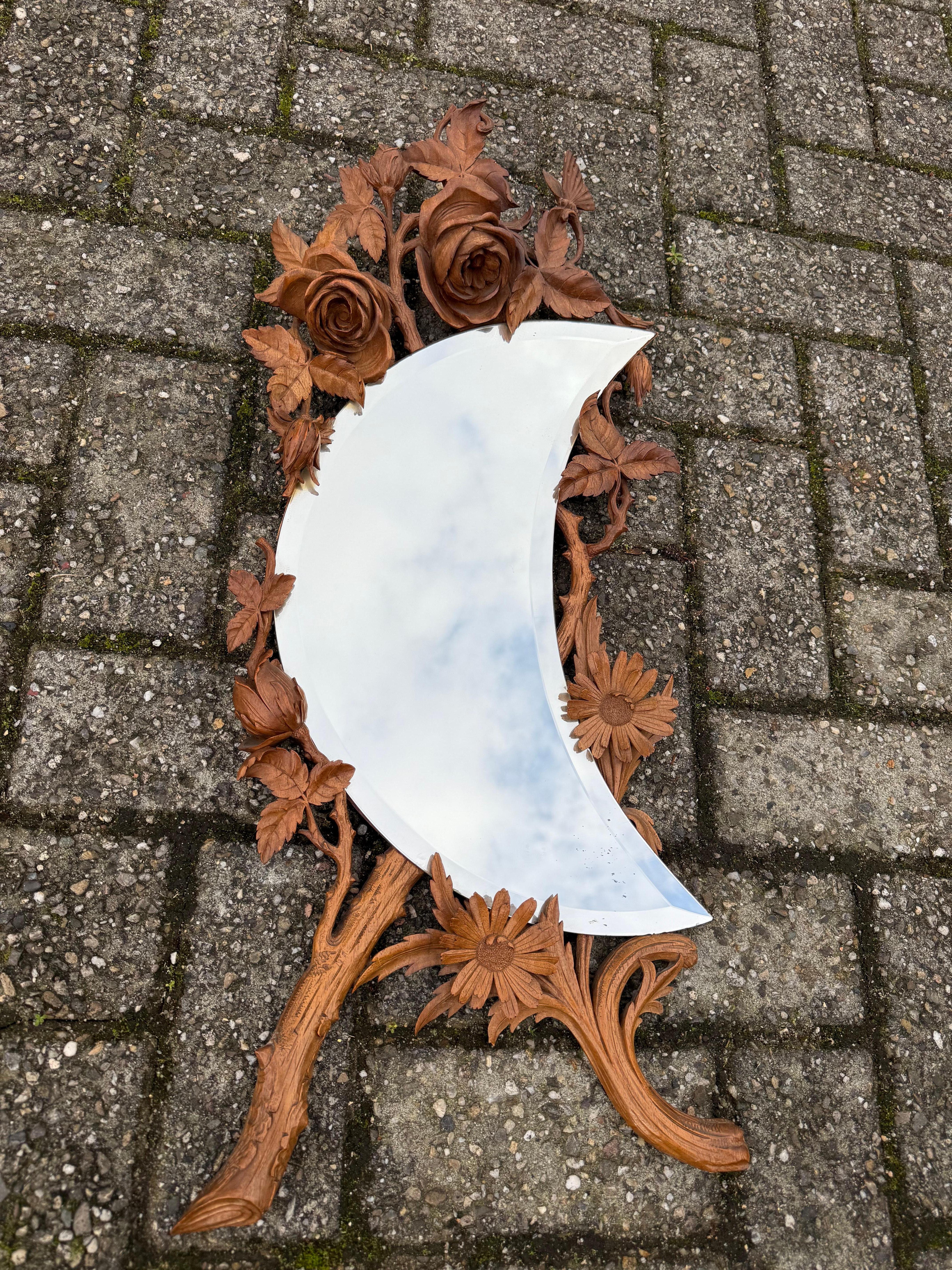 Miroir Art Nouveau unique sculpté à la main - Roses, papillon et Natural Elegance en vente 8
