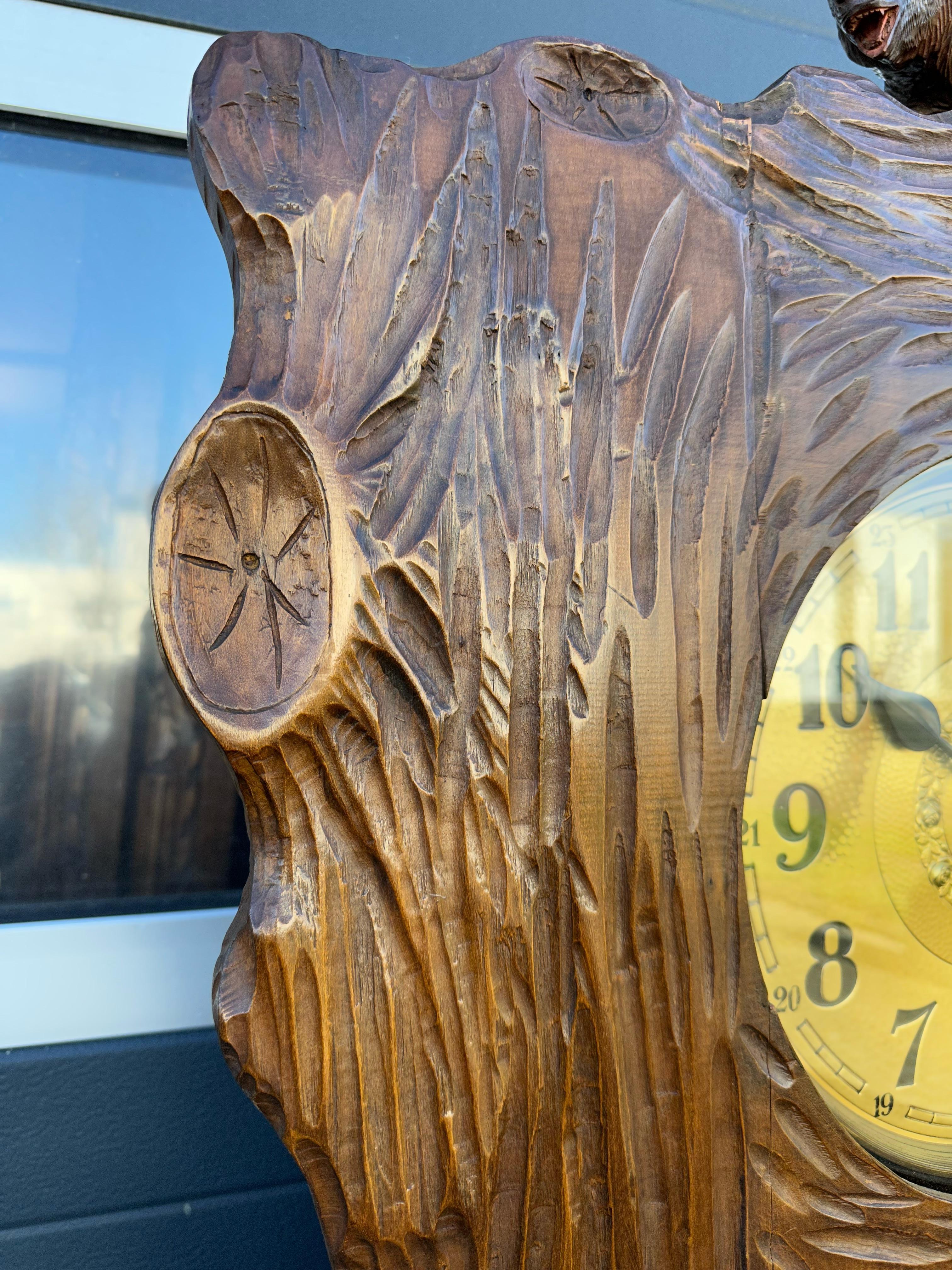 Unique Hand Carved Black Forest Tree Trunk Grandfather or Longcase Clock w. Bear For Sale 1
